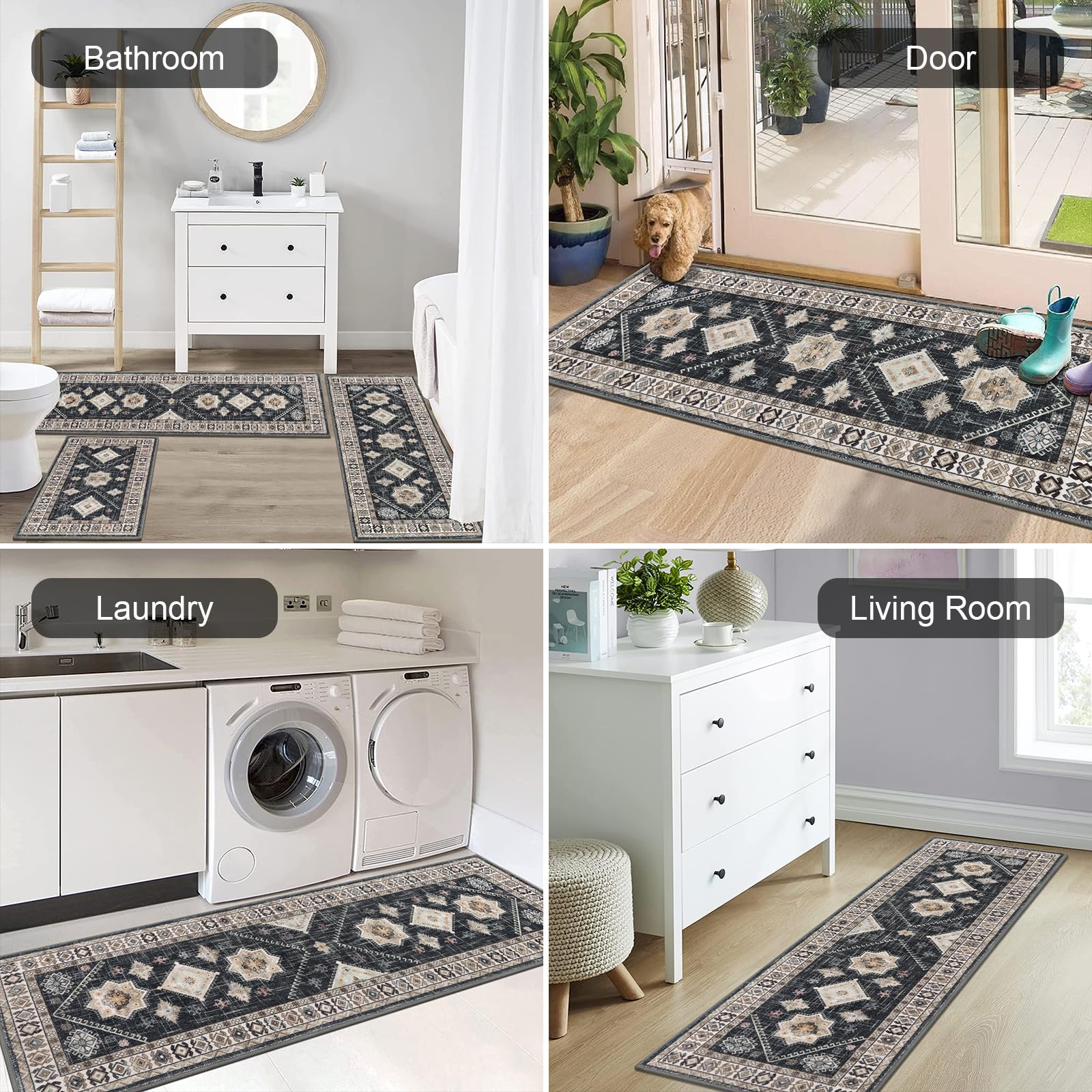 HEBE Boho Kitchen Rug Sets 3 Piece with Runner Non Slip Kitchen Rugs and Mats Washable Kitchen Mats for Floor Thick Kitchen Floor Mat Carpet Runner Rugs for Hallway Laundry Holiday Decor