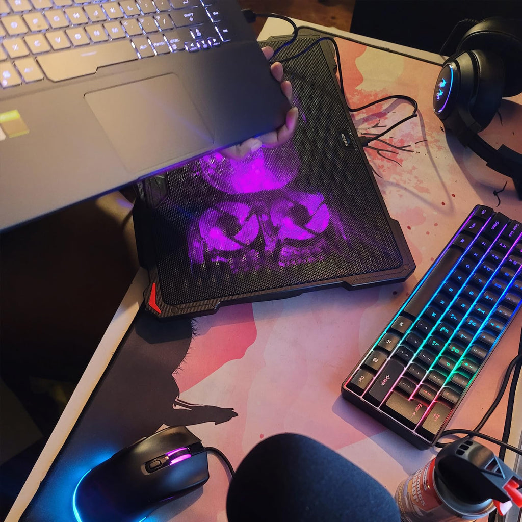 AICHESON Laptop Cooling Pad 5 Fans Up to 17.3 Inch Heavy Notebook Cooler, Blue LED Lights, 2 USB Ports, S035, Blue-5fans