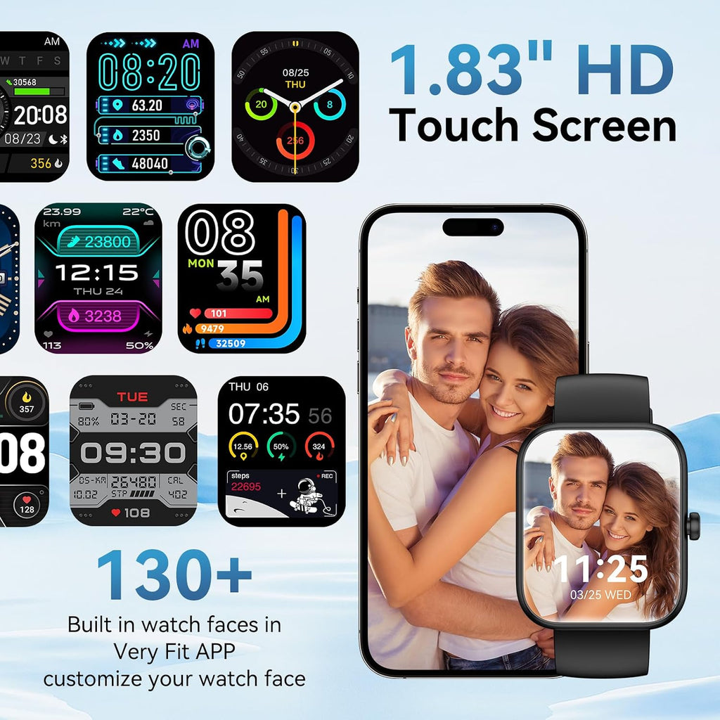 Smart Watch for Men Women Alexa Built-in, 1.83" HD Fitness Tracker Touchscreen with Call Function, IP68 Waterproof, 120+ Sport Modes, 24/7 Heart Rate/Sleep Monitor, iOS Android Compatible (Black)