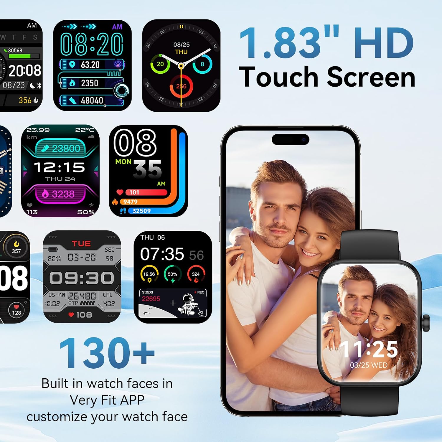 Smart Watch for Men Women Alexa Built-in, 1.83" HD Fitness Tracker Touchscreen with Call Function, IP68 Waterproof, 120+ Sport Modes, 24/7 Heart Rate/Sleep Monitor, iOS Android Compatible (Black)