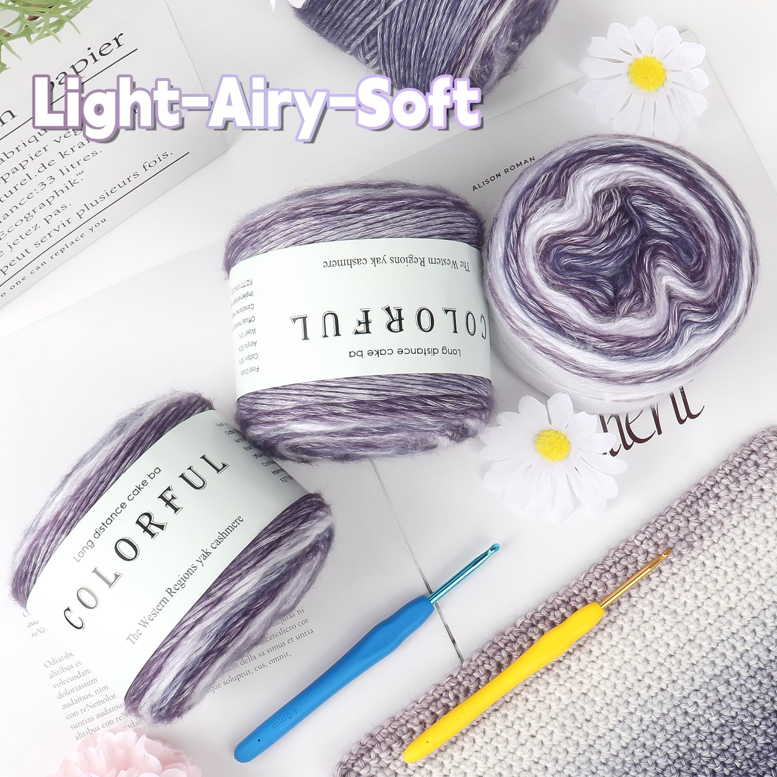 Katech Fairyland Yarn for Crocheting Knitting-Gradient Yarn Cake-4 Pack of 100g/3.52 oz-Soft DK Light Weight #3-60% Cotton 30% Acrylic 10% Wool-Perfect for Scarves, Shawls, Blankets and Garments(A)