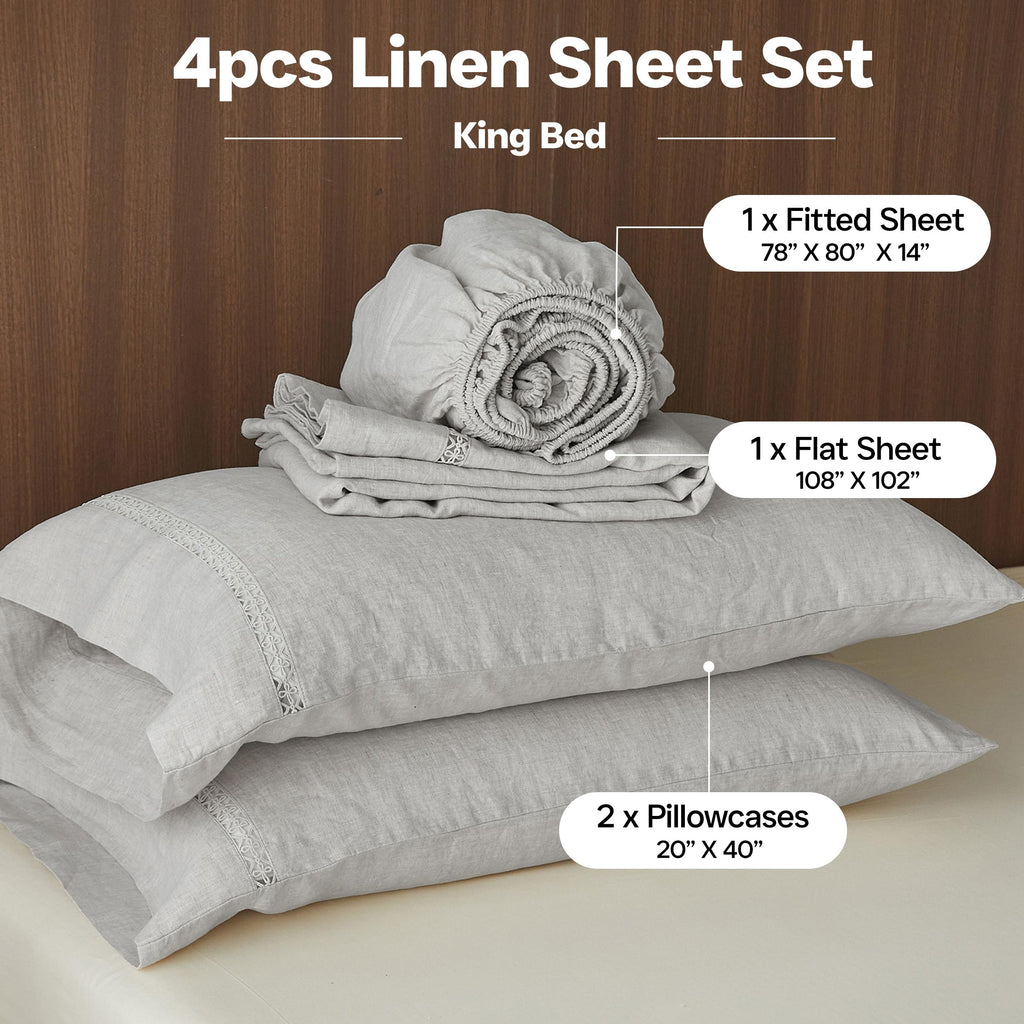 Simple&Opulence 100% Pure Linen Sheet Set Twin Size, Natural French Flax Solid Color 3 Pcs Washed Breathable, Farmhouse Bedding (1 Flat Sheet,1 Fitted Sheet,1 Pillowcase)-Embroidery Dark Grey