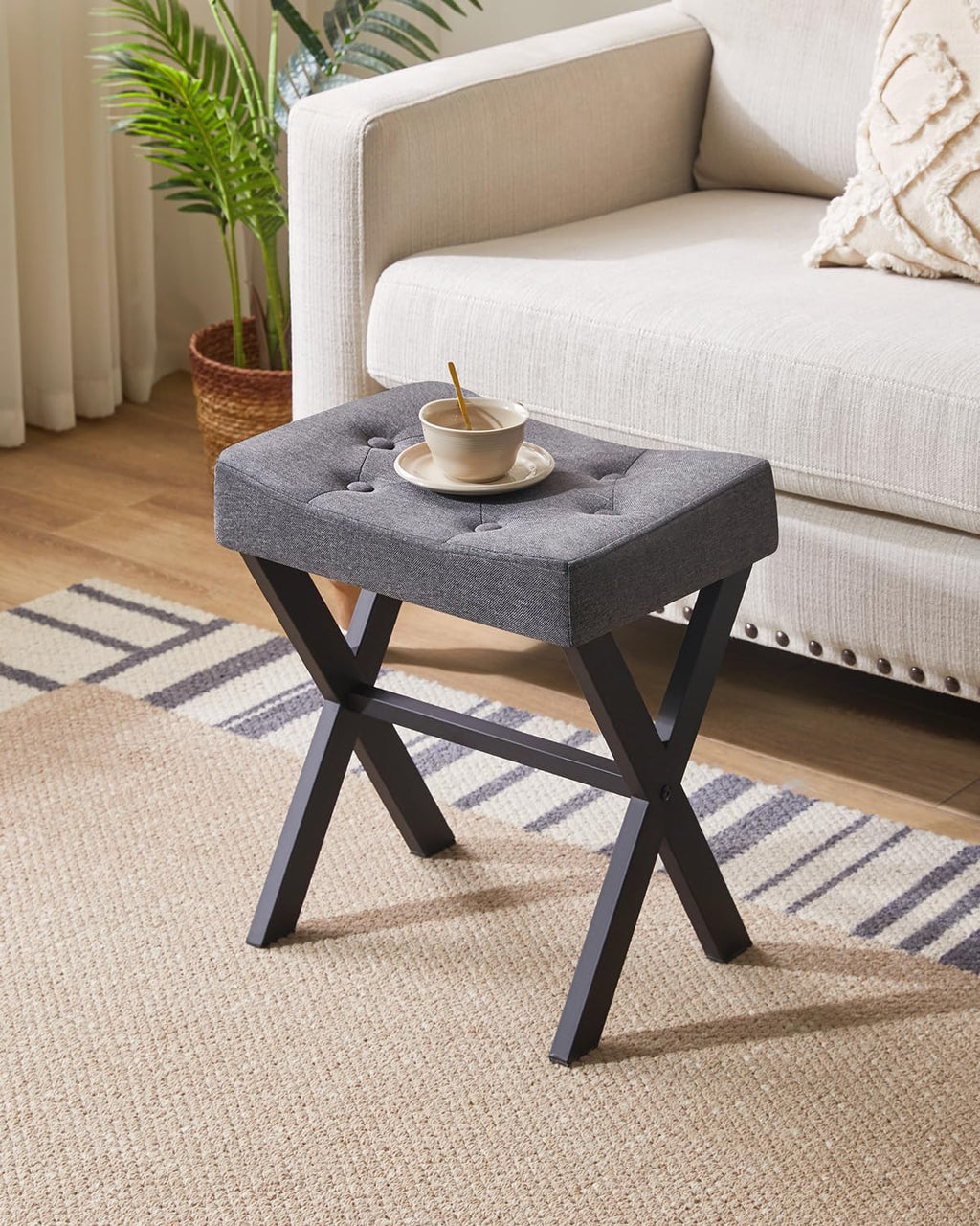 IBUYKE U-Shaped PU Vanity Stool, Square Makeup Chair with X-Leg, Ottoman Seat Footrest Stool, Multi-Use as Small Side Table, for Bedroom, Living Room, Black WBD019B
