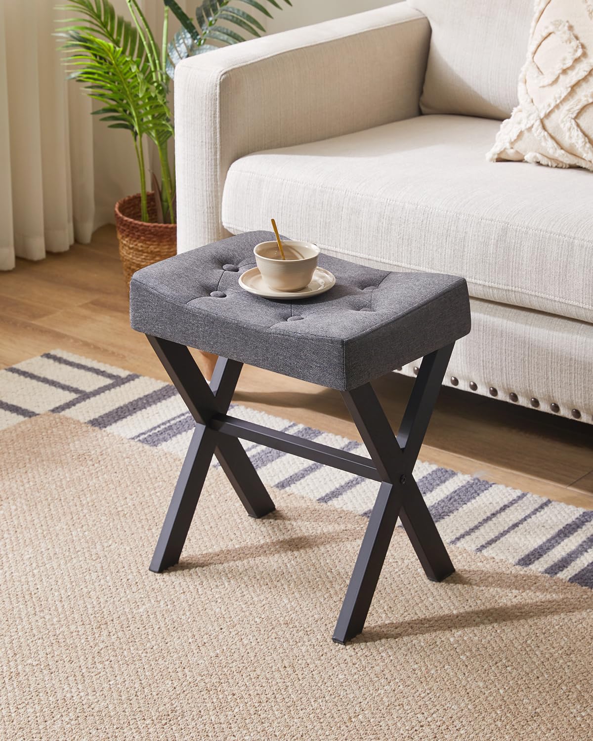IBUYKE U-Shaped PU Vanity Stool, Square Makeup Chair with X-Leg, Ottoman Seat Footrest Stool, Multi-Use as Small Side Table, for Bedroom, Living Room, Black WBD019B