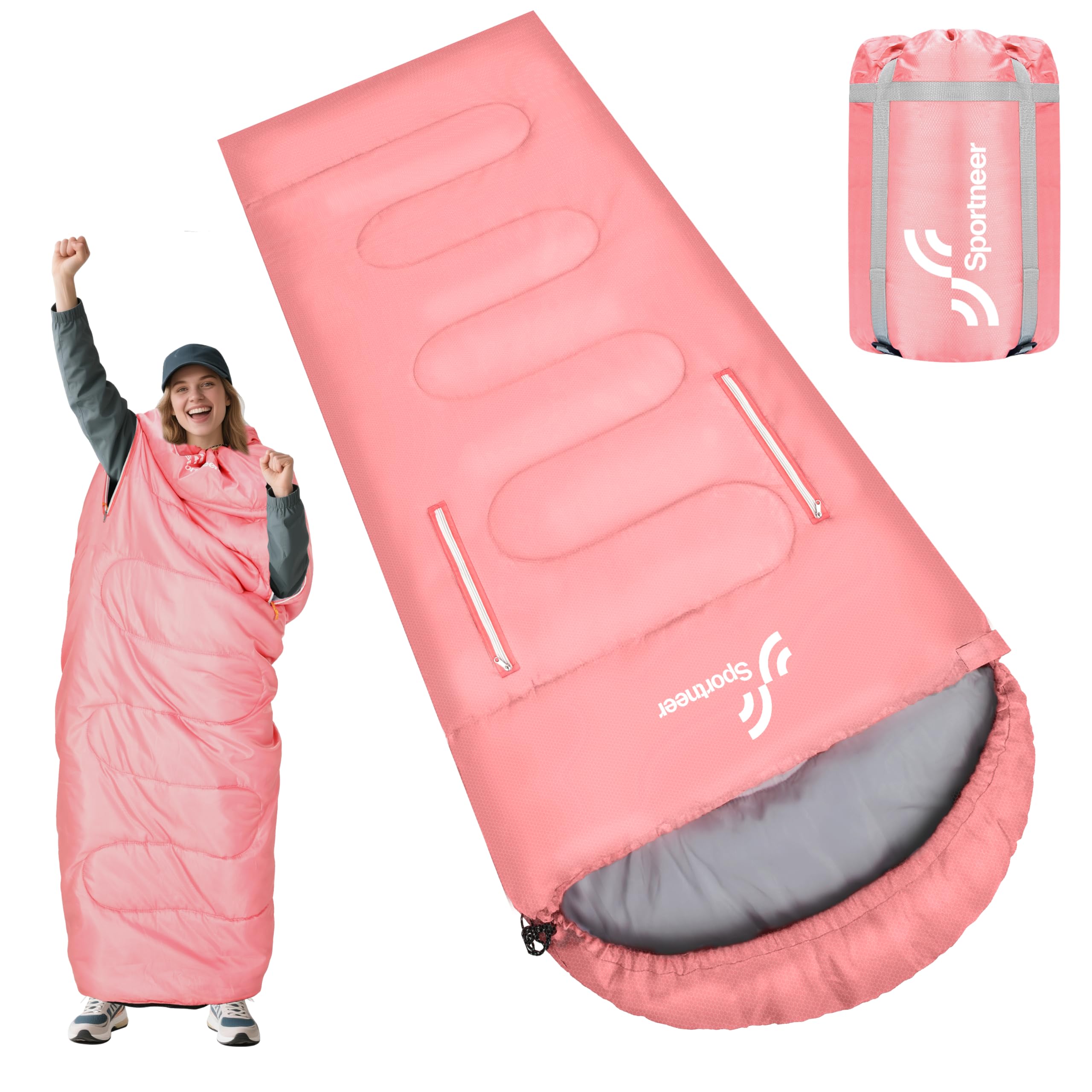 Sportneer Wearable Sleeping Bag for Adults & Kids – Walkable with Arm Zippers, Warm Weather & Cold Waterproof, Compact for Camping, Stadiums, Travel, Backpacking & Car Use