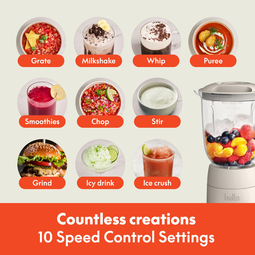 bella 10 Speed Countertop Blender, Juicer & Smoothie Maker, Fits-anywhere™ Kitchenware, Slim Flip & Store Design, Dishwasher Safe 48oz Capacity Pitcher & Lid, Stainless Steel Blade, 450 Watt, Blossom