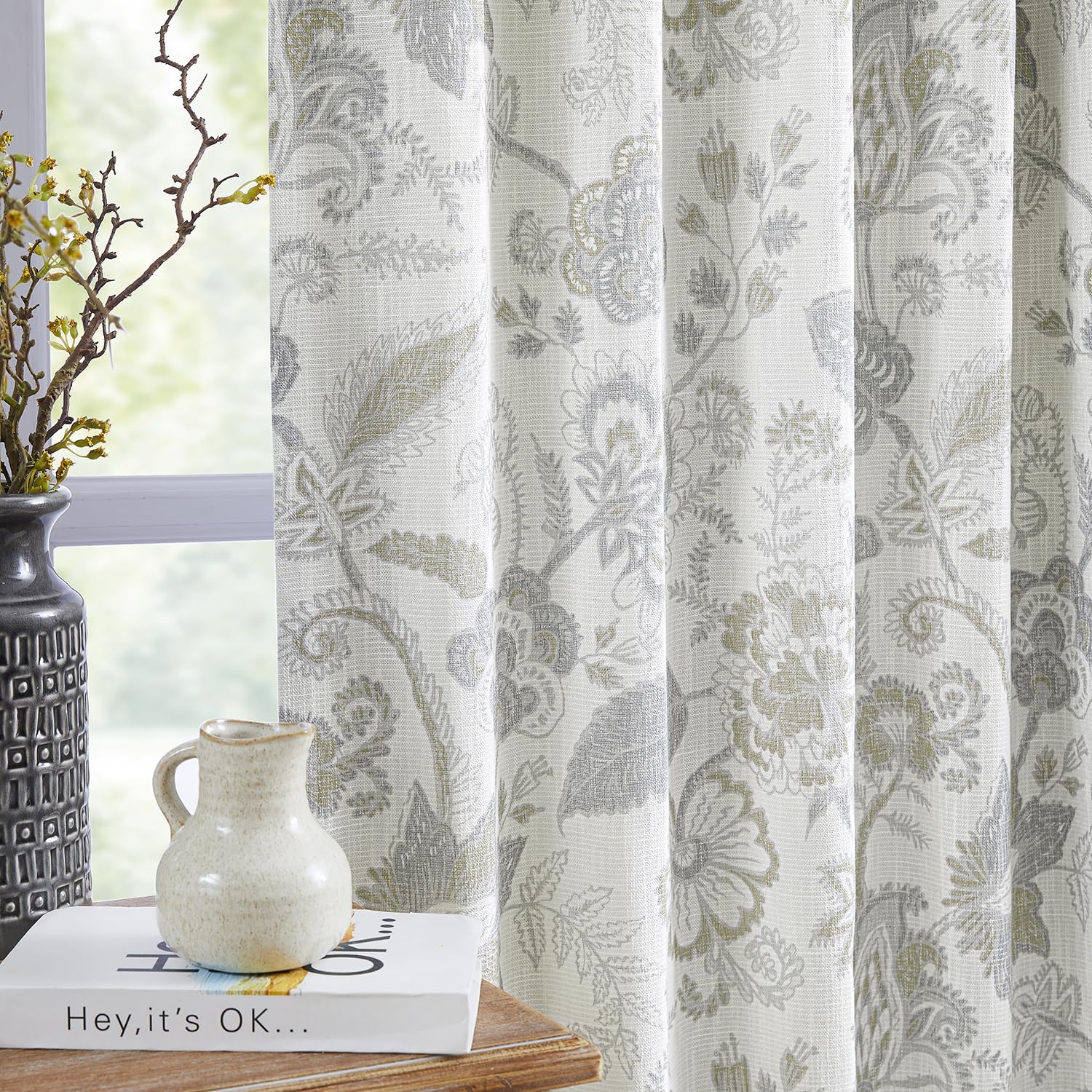 Kayne Studio Pinch Pleated Full Blackout Window Curtain Panels Botanical Floral Boho Leaf Print Country Farmhouse GreenYellow Room Darkening Thermal Insulated Window Treatment Bedroom,40"x84",2 Panels