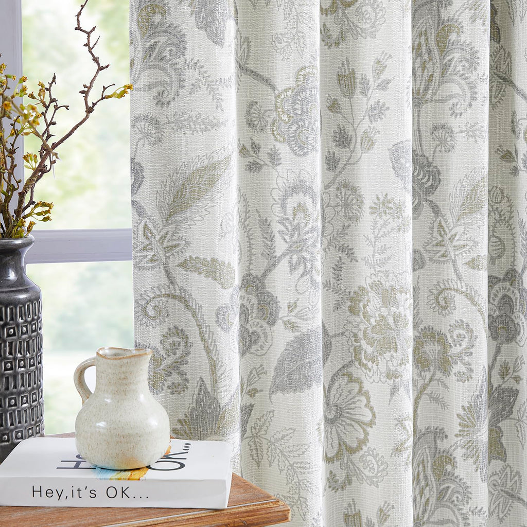 Kayne Studio Pinch Pleated Full Blackout Window Curtain Panels Botanical Floral Boho Leaf Print Country Farmhouse GreenYellow Room Darkening Thermal Insulated Window Treatment Bedroom,40"x84",2 Panels