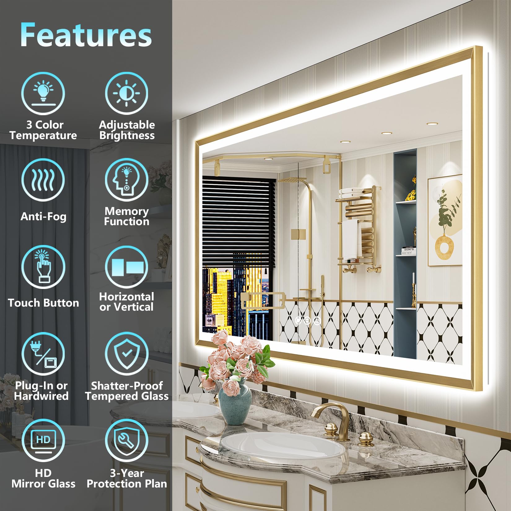 24x36 Gold Beveled LED Bathroom Mirror with Lights, Brushed Gold Framed Backlit and Front Lit Anti-Fog Lighted Vanity Mirrors for Bathroom Wall, Dimmable, 3 Colors, Memory, HD Tempered Glass