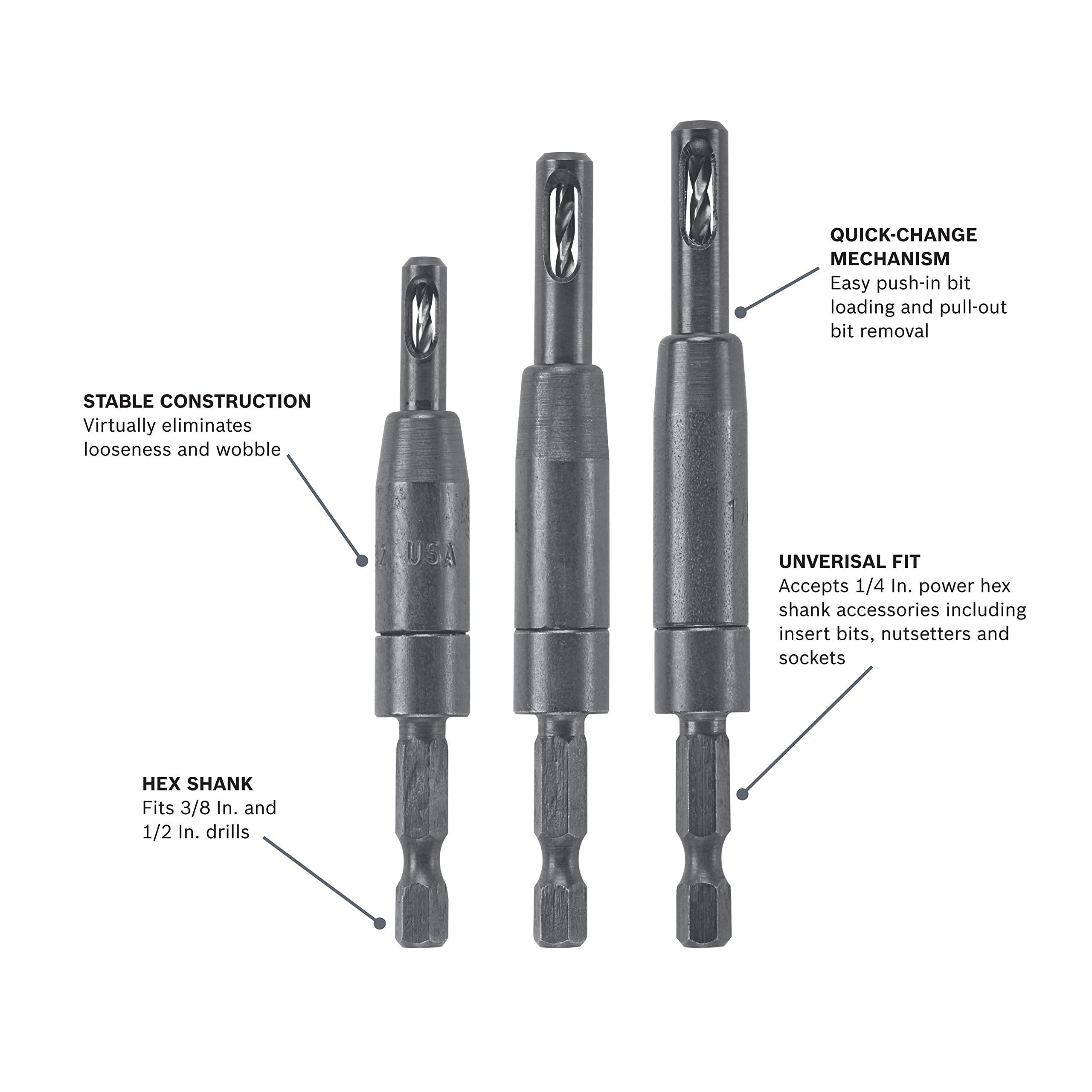 BOSCH CC2430 Clic-Change 1/4 in. Self-Centering Drill Bit Assortment, Woodworking Tools, Drill Bit Set (3-Piece)