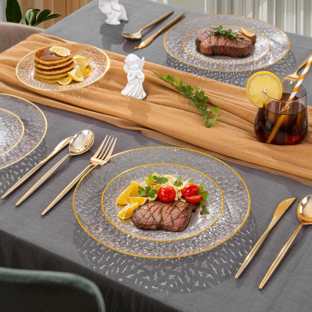 Rubtlamp 100Pcs Amber Gold Plastic Plates, Disposable Plates With Gold Rim, Heavy-duty Party Platos, Hammered Plastic Plates Include 50 Clear Dessert Plates, 50 Dinner Plates for Party