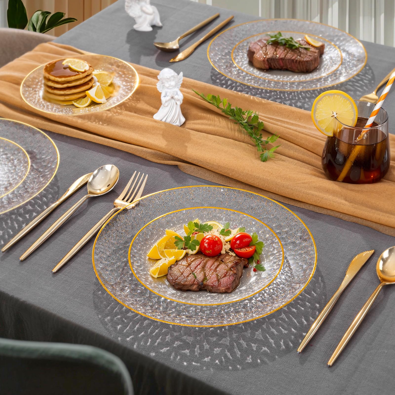 Rubtlamp 100Pcs Amber Gold Plastic Plates, Disposable Plates With Gold Rim, Heavy-duty Party Platos, Hammered Plastic Plates Include 50 Clear Dessert Plates, 50 Dinner Plates for Party