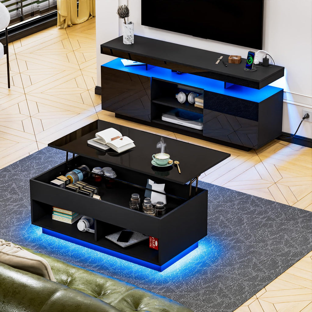 HOMMPA Modern LED TV Stand for 55 Inch TV, Black Tall TV Console with Power Outlet, Entertainment Center with Storage, High Gloss Gaming Media Console Cabinet for Living Room (47 Inch)