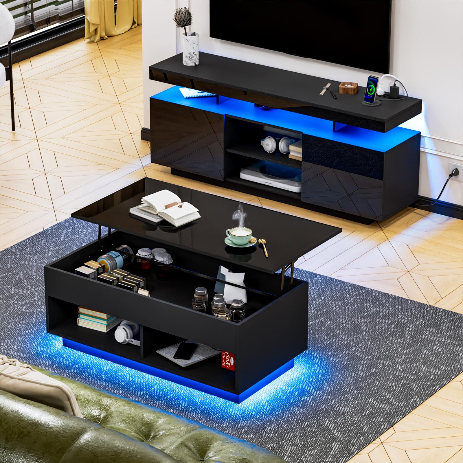 HOMMPA Modern LED TV Stand for 55 Inch TV, Black Tall TV Console with Power Outlet, Entertainment Center with Storage, High Gloss Gaming Media Console Cabinet for Living Room (47 Inch)