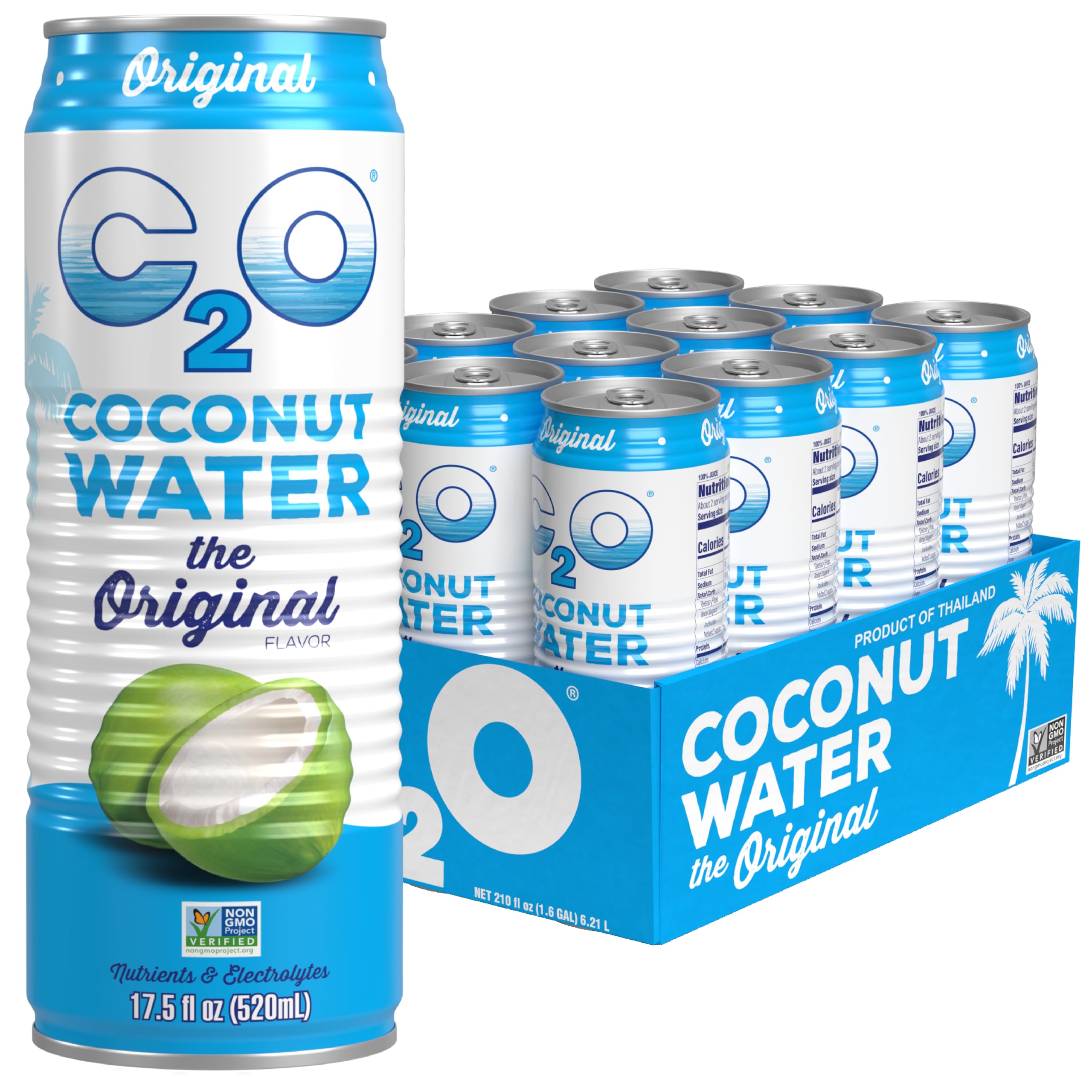 C2O - Coconut Water with Ginger, Lime, & Turmeric (12 Pack) - Made with Fresh Coconut Water - Plant Based - Non GMO - Canned Water - Natural Hydration, Electrolytes, & Potassium - 12 Cans, 17.5 FL OZ