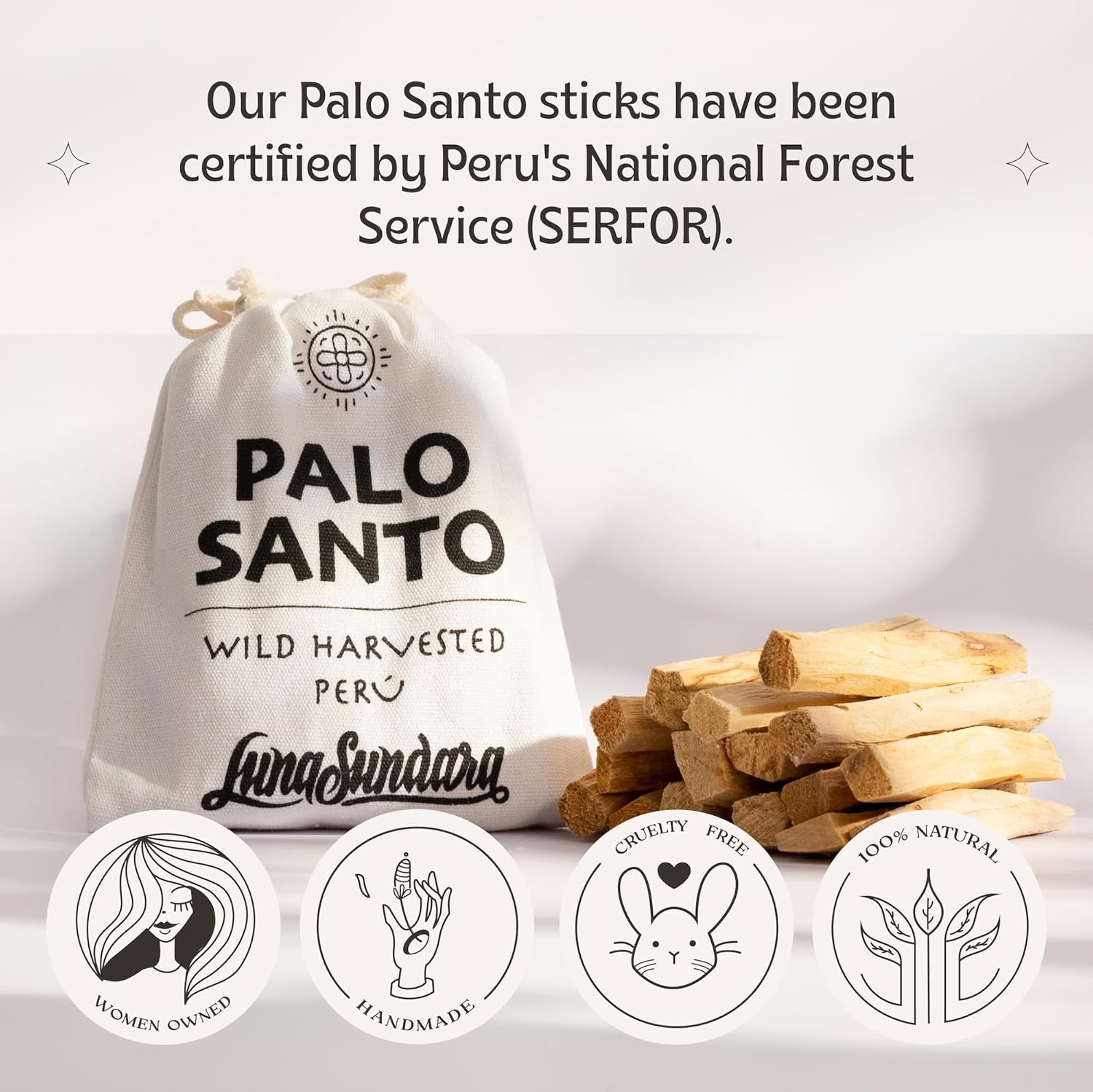 Luna Sundara Palo Santo Sticks, 100g Peruvian Smudging Wood | Sustainably harvested Bursera graveolens palo santo wood for meditation, cleansing, smudging, and rituals.