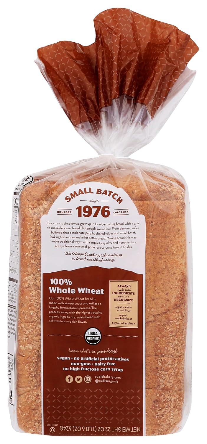 Rudis Bakery, Bread 100 Pct Whole Wheat Organic, 22 Ounce