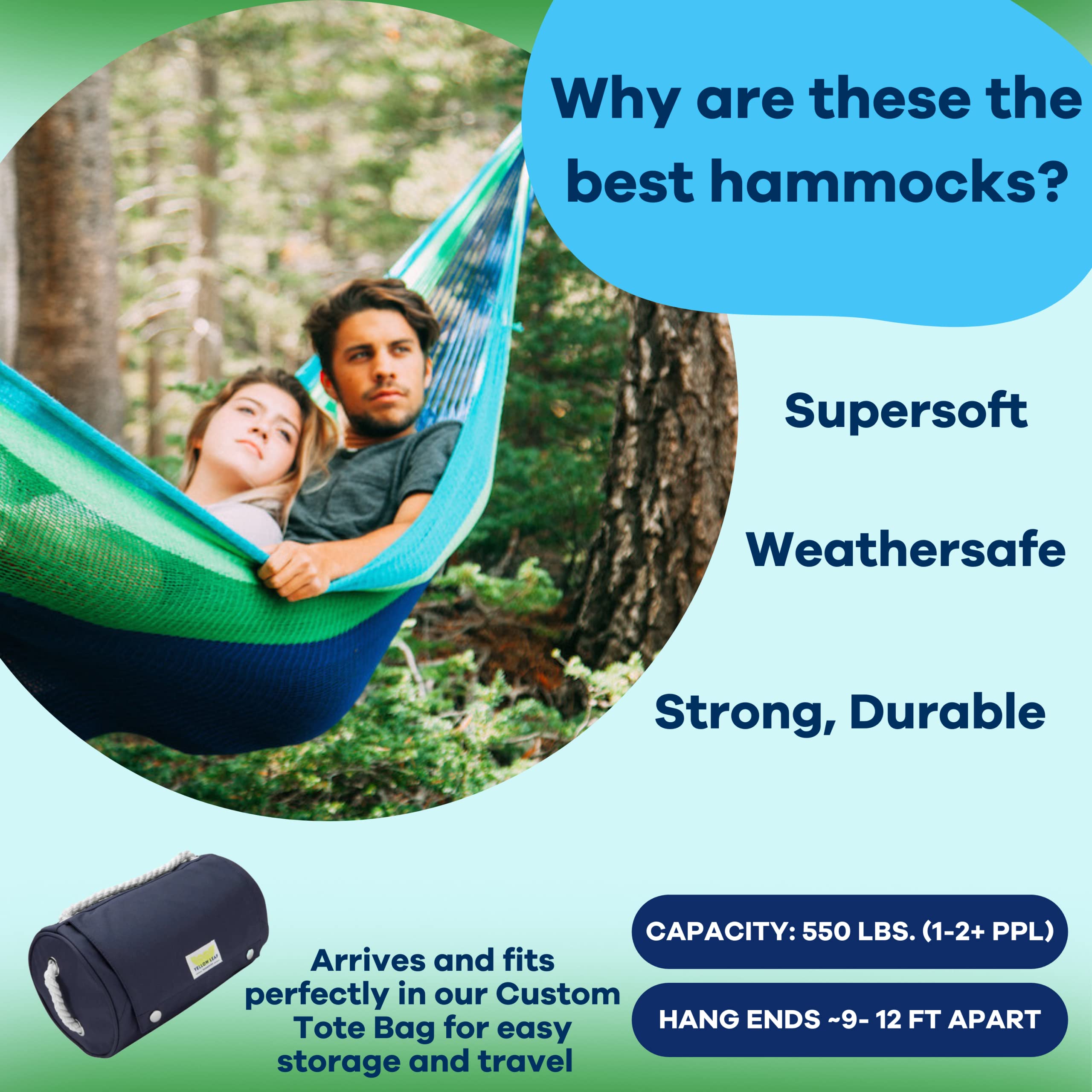 Handwoven Hammock by Yellow Leaf Hammocks - Double Size, Fits 1-2 PPL, 400lb max - Weathersafe, Super Strong, Easy to Hang, Ultra Soft, Artisan Made - Color: Natural Khaki