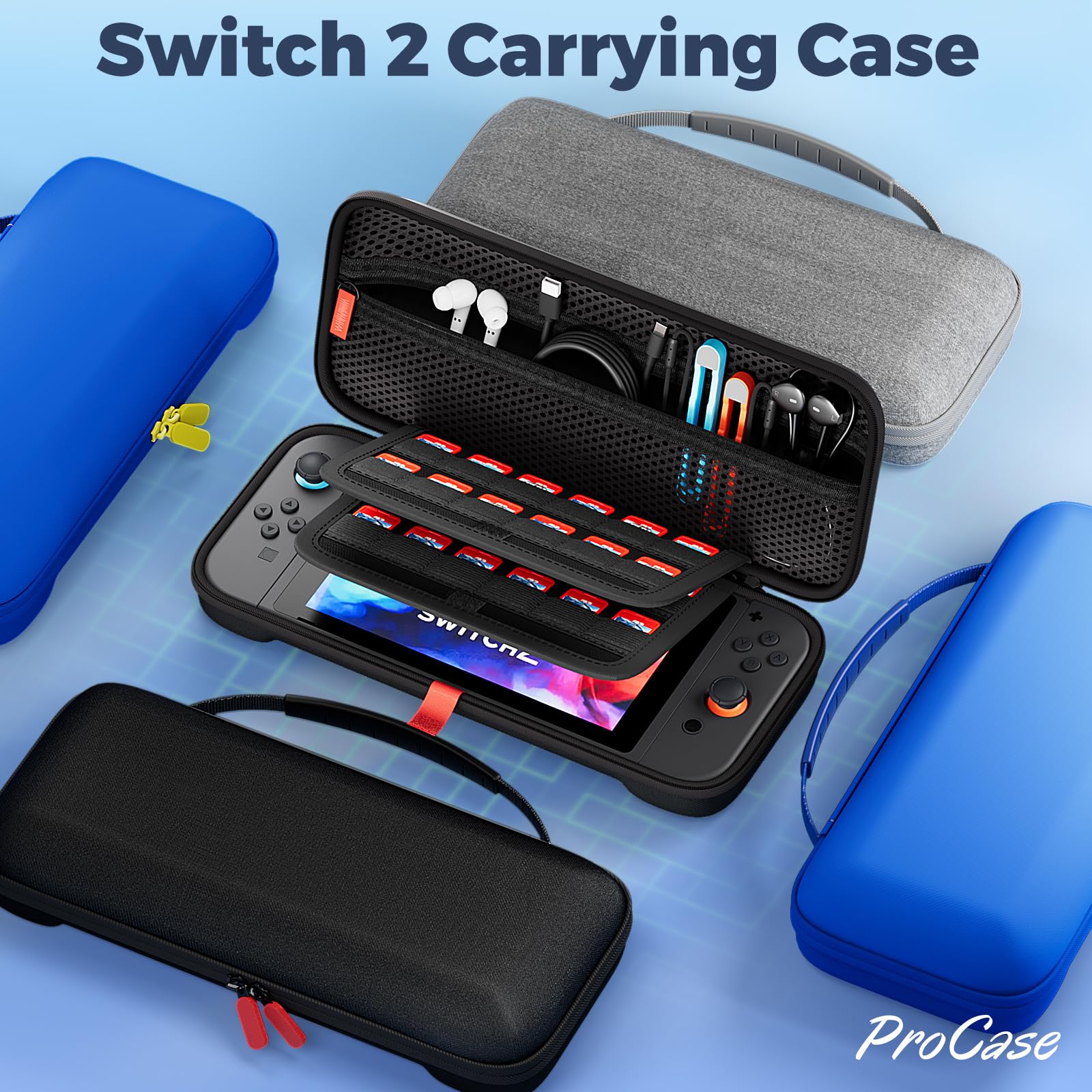ProCase Carrying Case for Nintendo Switch 2 (2025) with 24 Game Card Slots, Hard Portable Travel Case Storage Bag Protective Pouch for 2025 Nintendo Switch 2 Console AC Adapter & Accessories -Black,L