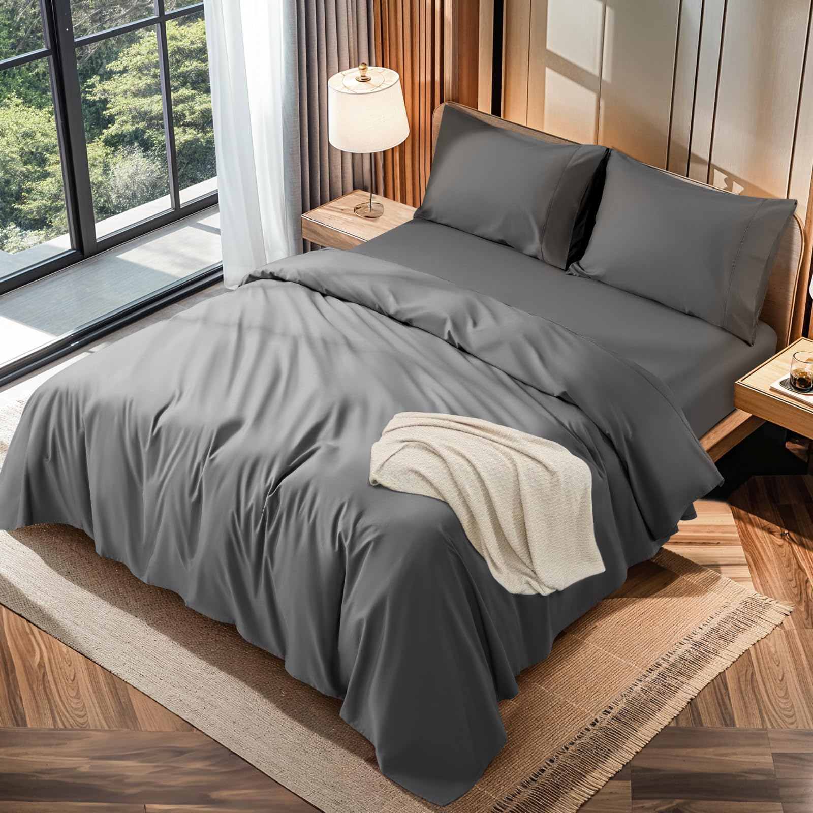 LBRO2M 100% Cotton 1200 Thread Count Full Size Sheets Set,16 inches Deep Pocket,Bed Sheet 4 Piece Sets (Black, Full)