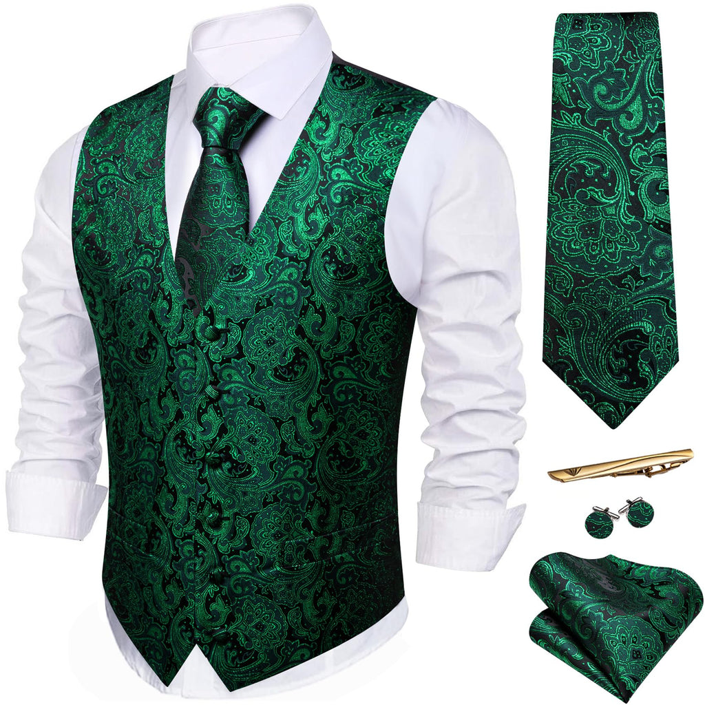 Barry.Wang Men's Suit Vest Formal/Leisure Paisley Jacquard Silk Tie Pocket Square Waistcoat Set Wedding 5PCS