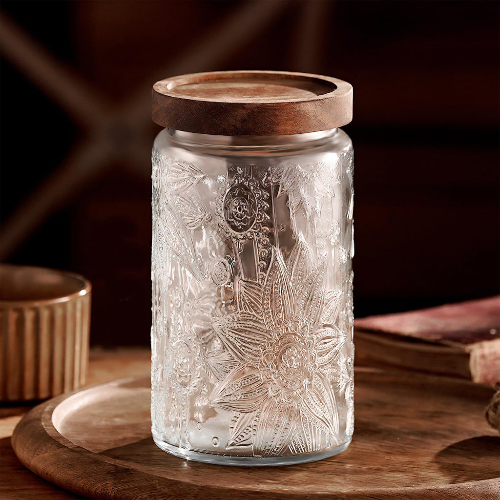 Custde Glass Storage Jars With Airtight Lid, 23.7oz Container For Kitchen Counter with Wooden Lid, brown sugar, candy, coffee, cookie, salt, tea, cute Jar (35oz Large Begonia Flowers)