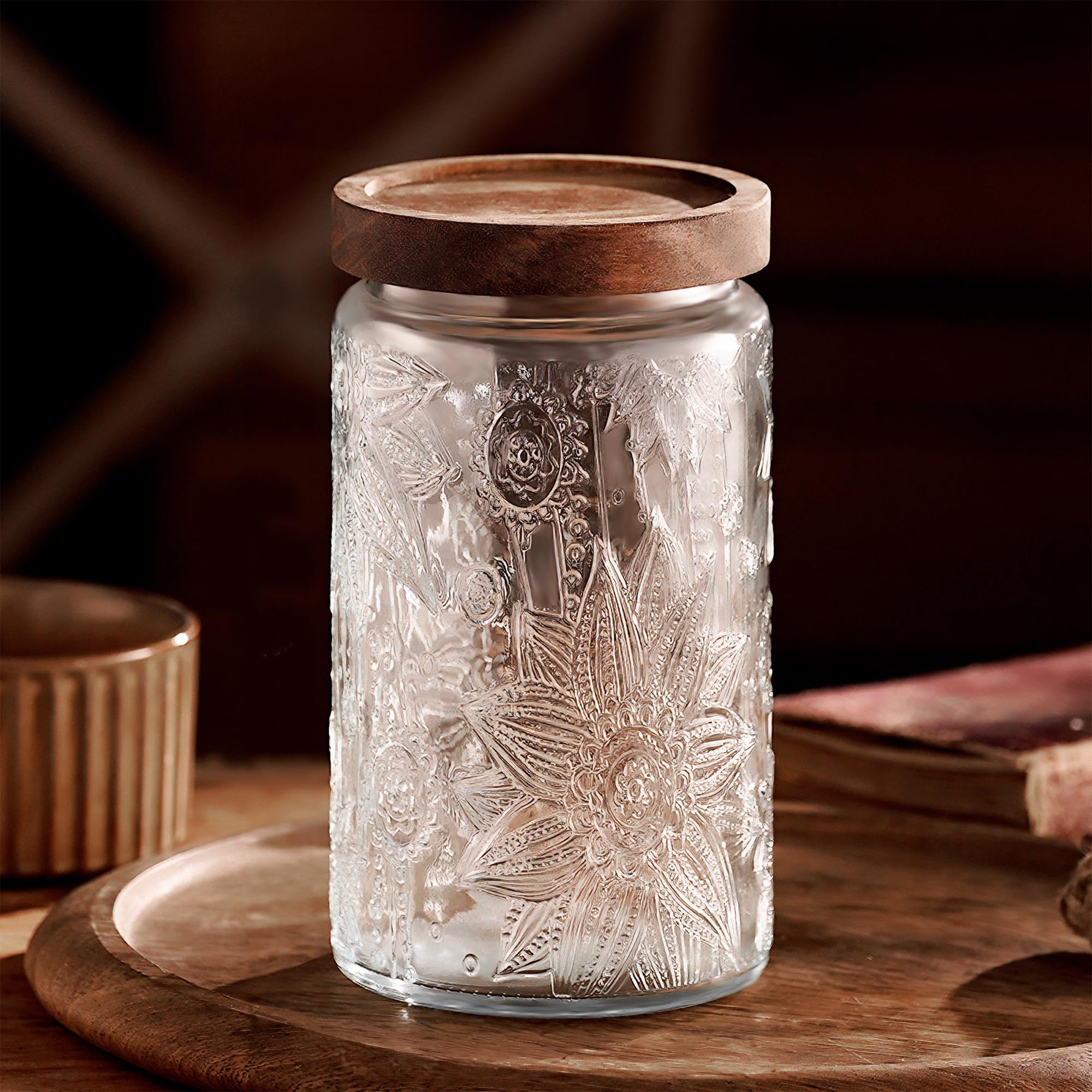 Custde Glass Storage Jars With Airtight Lid, 23.7oz Container For Kitchen Counter with Wooden Lid, brown sugar, candy, coffee, cookie, salt, tea, cute Jar (35oz Large Begonia Flowers)