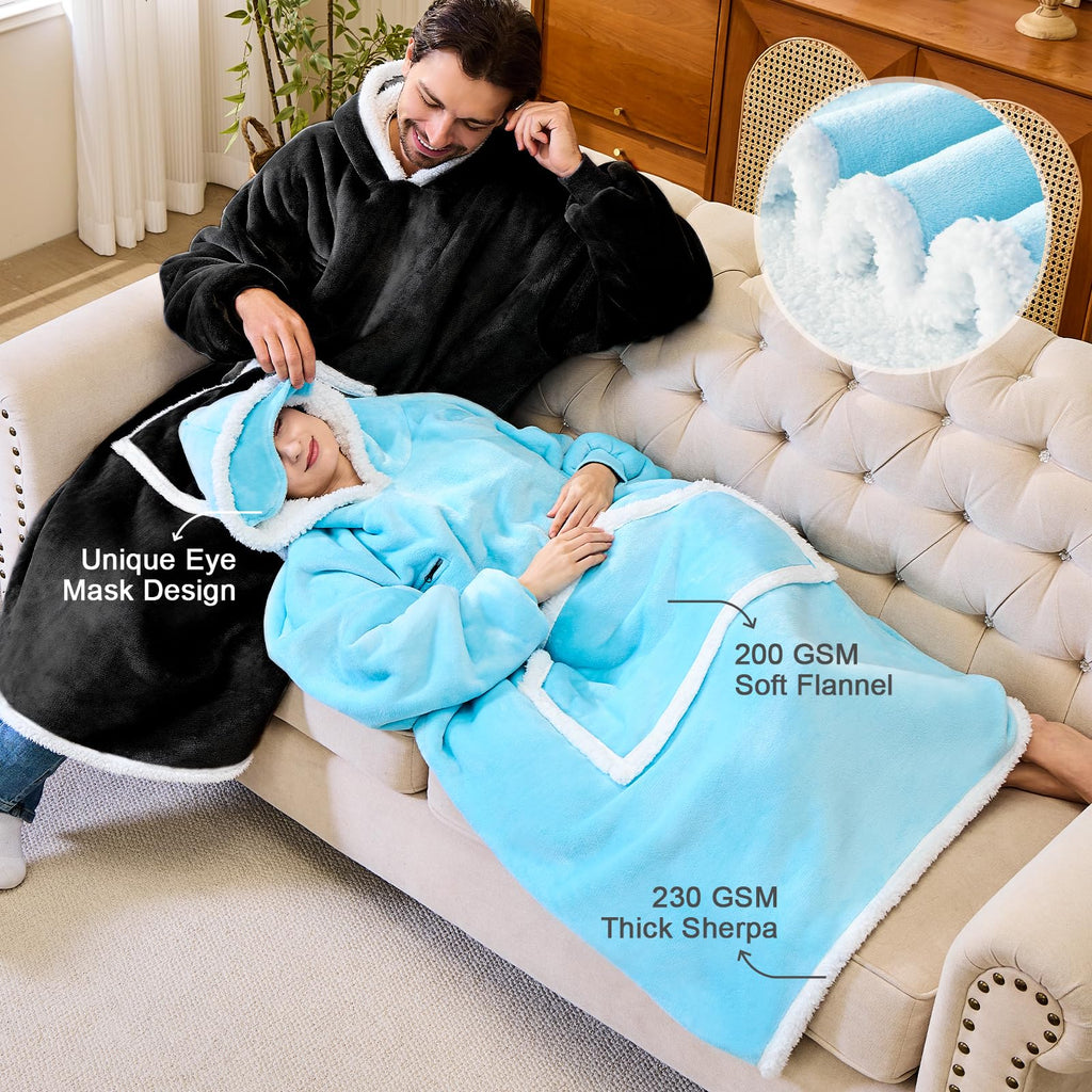 IFNOW Wearable Blanket Hoodie, Oversized Sherpa Fleece Hooded Sweatshirt with Eye Mask, Cozy and Giant Blanket Hoodie with Sleeves Extra Long for Adults Men Women, Black