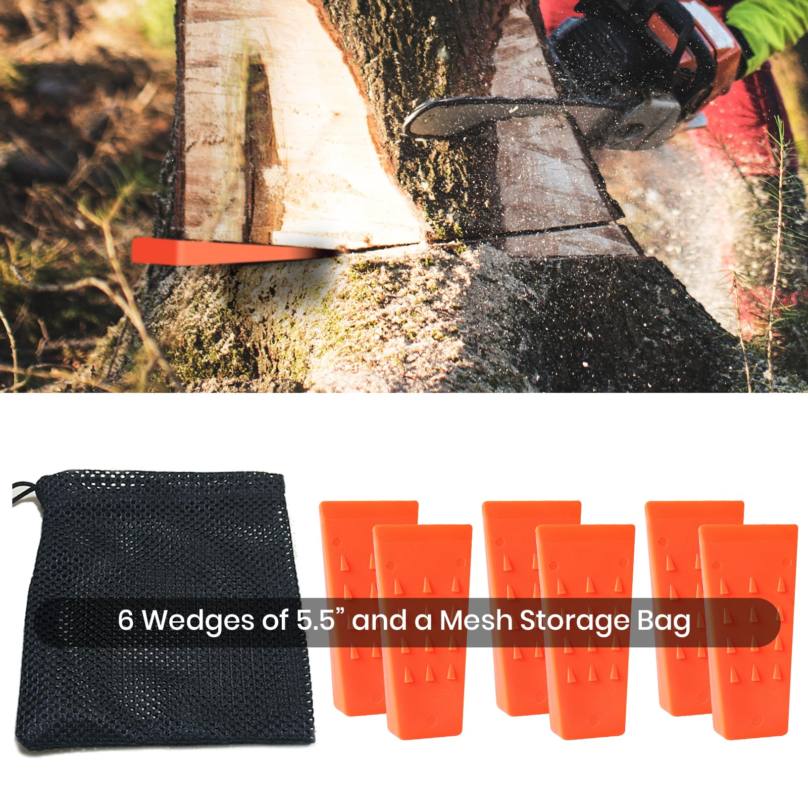 AR-PRO 6 Pack Tree Felling Wedges with Spikes for Safe Tree Cutting – 5.5” Wedges with Storage Bag; 6 Felling Dogs to Guide Trees Stabilize and Safely to Ground for Loggers and Fallers