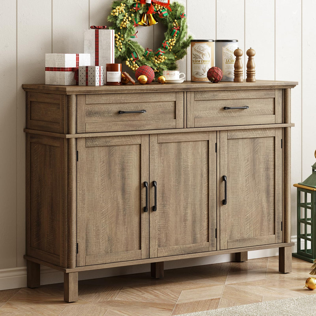 ONBRILL 48 Inches Buffet Cabinet with Storage, Farmhouse Sideboard Buffet w/2 Drawers and 3 Doors, Wood Coffee Bar Cabinet with Adjustable Shelves, Sideboard Storage for Kitchen, Living Room, Black