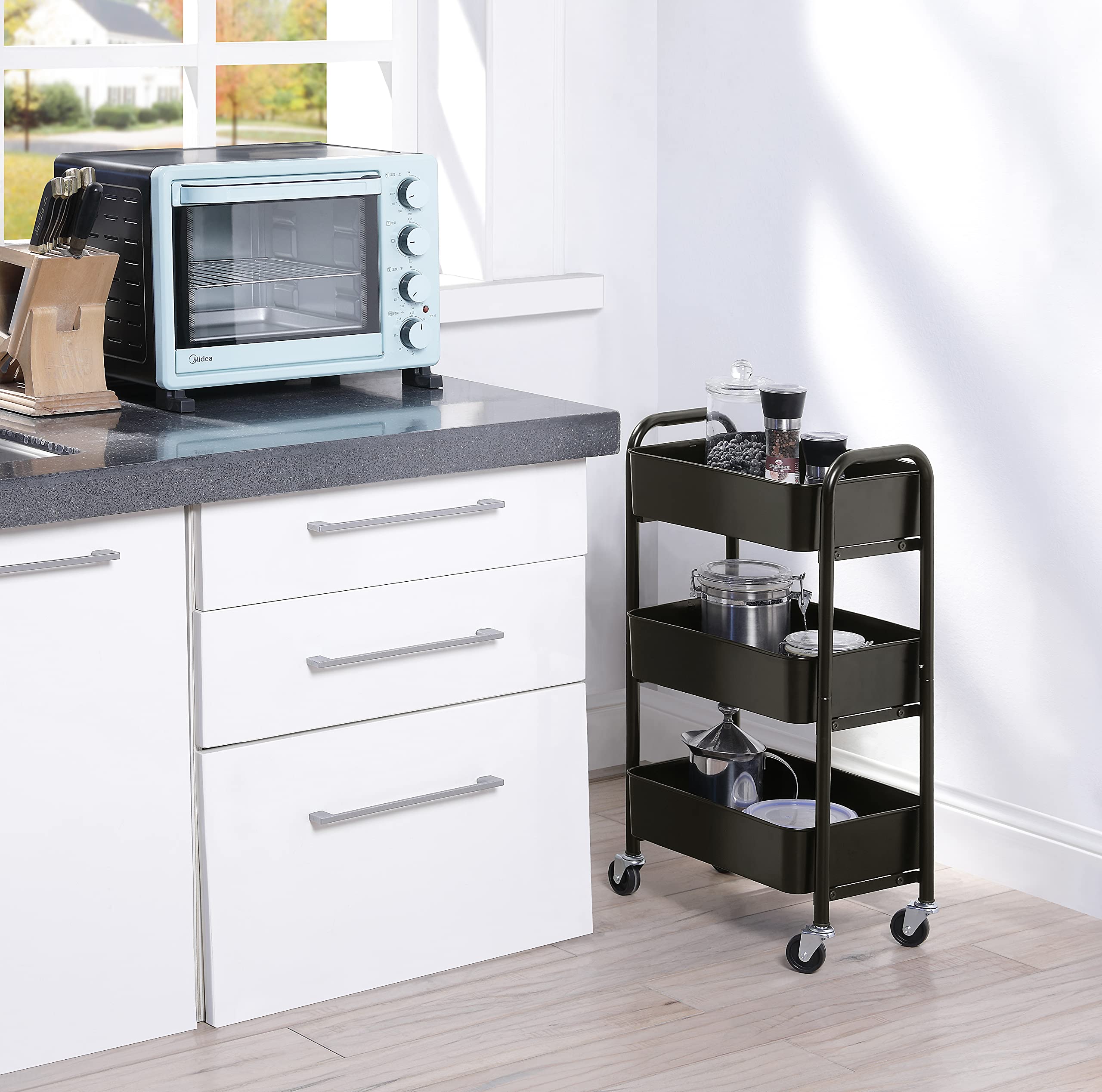 SunnyPoint 3-Tier Delicate Compact Rolling Metal Storage Organizer - Mobile Utility Cart Kitchen/Under Desk Cart with Caster Wheels - Army (15.35" X 10.24" X 26.8"H)