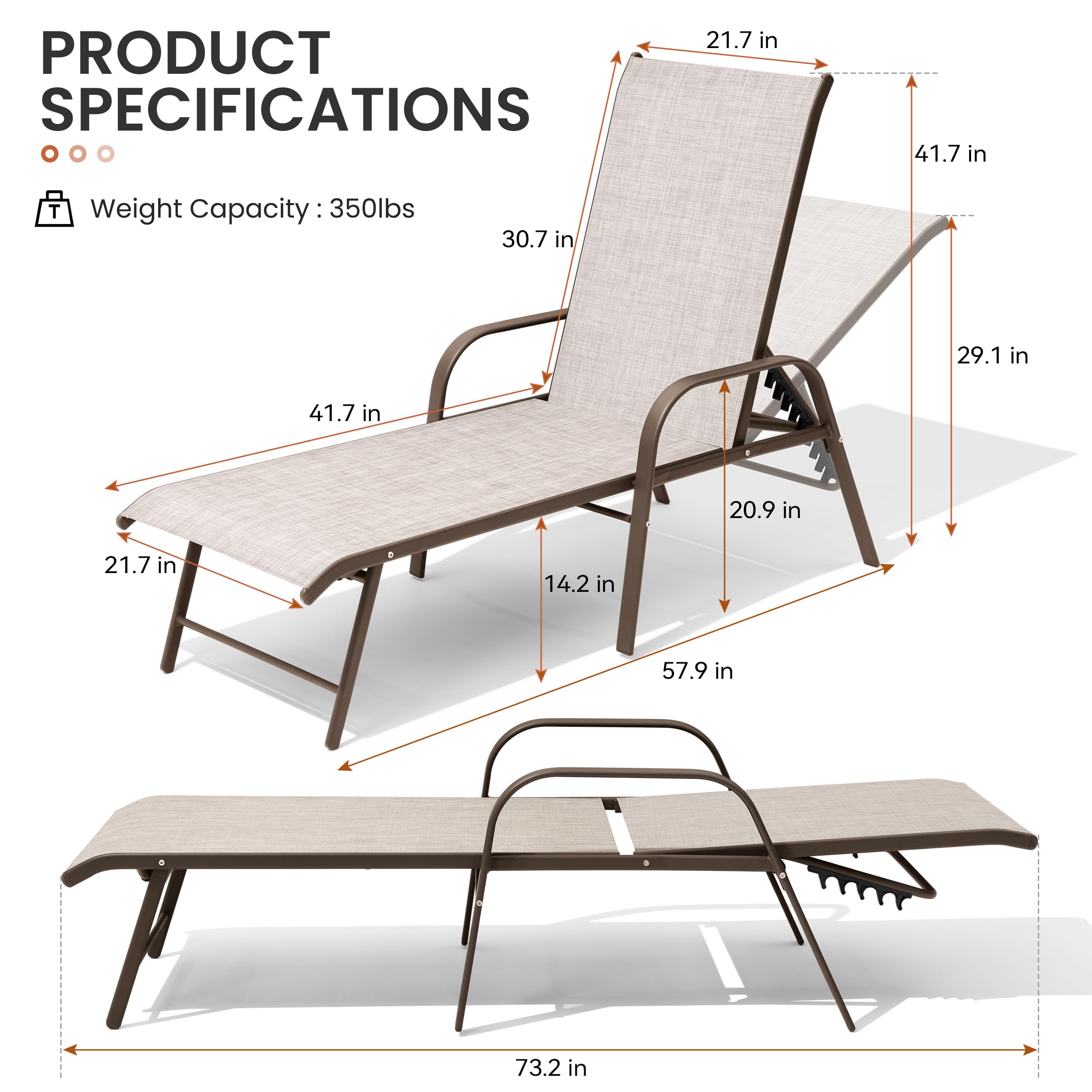 Crestlive Products Chaise Lounge Chair Outdoor with Armrests, Pool Lounge Chairs Set of 2, Aluminum Adjustable 5 Positions Sun Tanning Lounger for Patio, Poolside, Yard, Deck, Backyard (Beige)