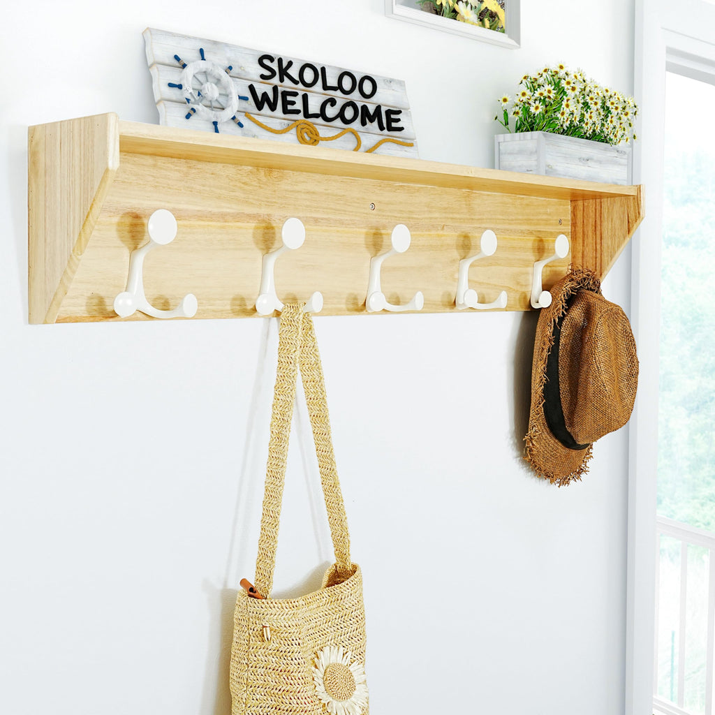 SKOLOO Wall Shelf with Hooks, 24-Inch Cherry Coat Rack Wall Mount with Shelf Organizer - Heavy Duty, 4 Tri Hooks - Perfect for Entryway, Hallway, Living Room, Bedroom, Mudroom