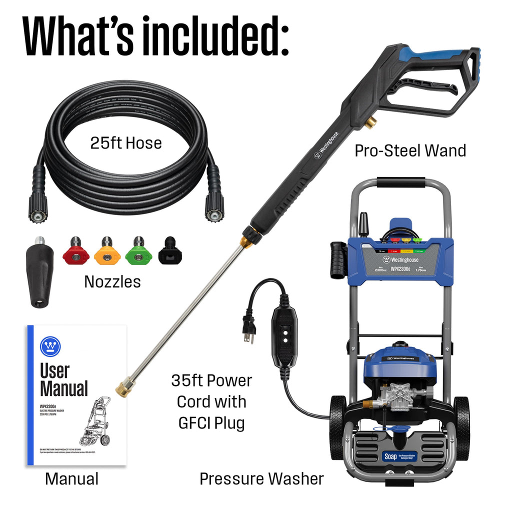 Westinghouse WPX2300e Electric Pressure Washer, 2300 Max PSI and 1.76 Max GPM, Induction Motor, Onboard Soap Tank, Spray Gun and Wand, 5 Nozzle Set, for Cars/Fences/Driveways/Homes/Patios/Furniture