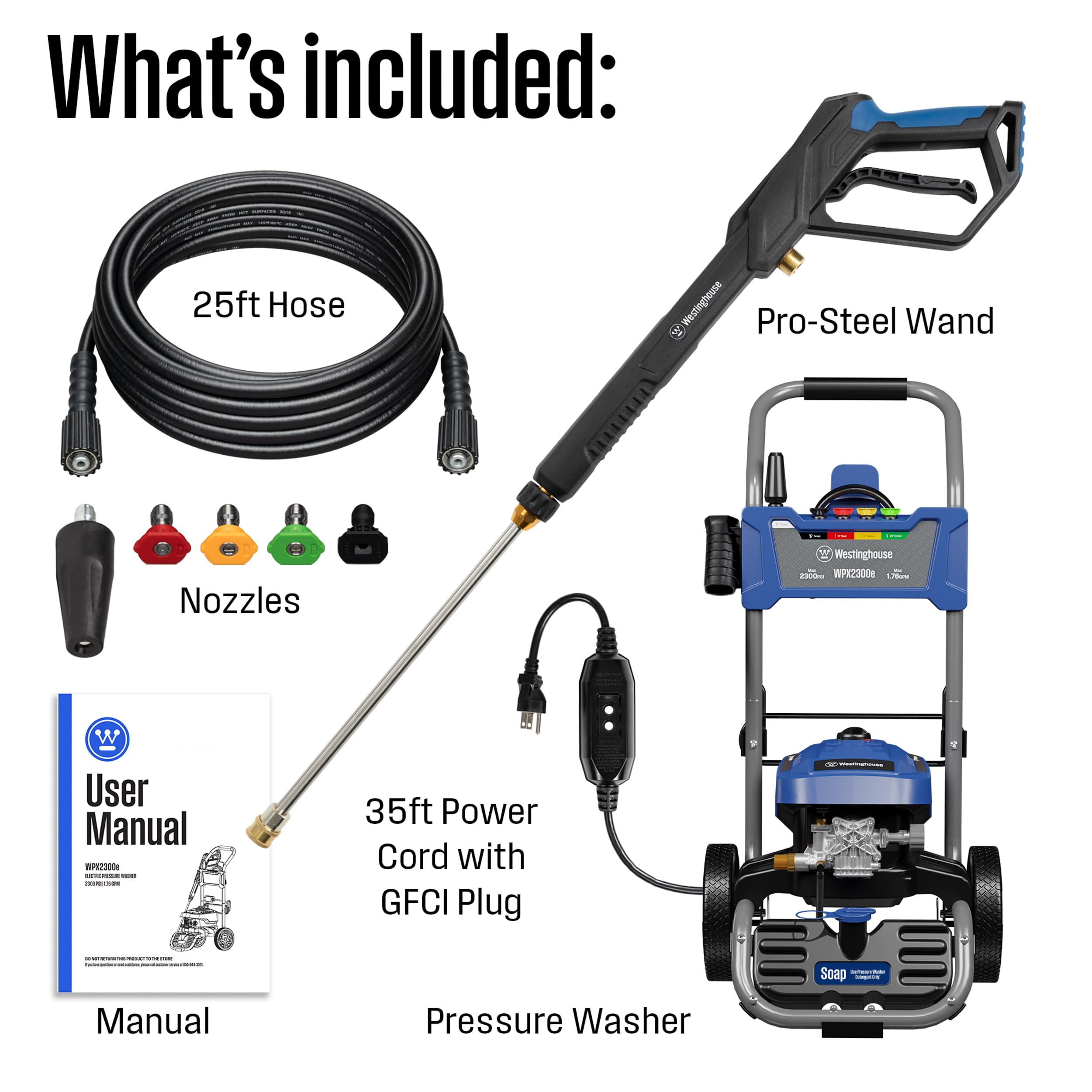 Westinghouse WPX2300e Electric Pressure Washer, 2300 Max PSI and 1.76 Max GPM, Induction Motor, Onboard Soap Tank, Spray Gun and Wand, 5 Nozzle Set, for Cars/Fences/Driveways/Homes/Patios/Furniture