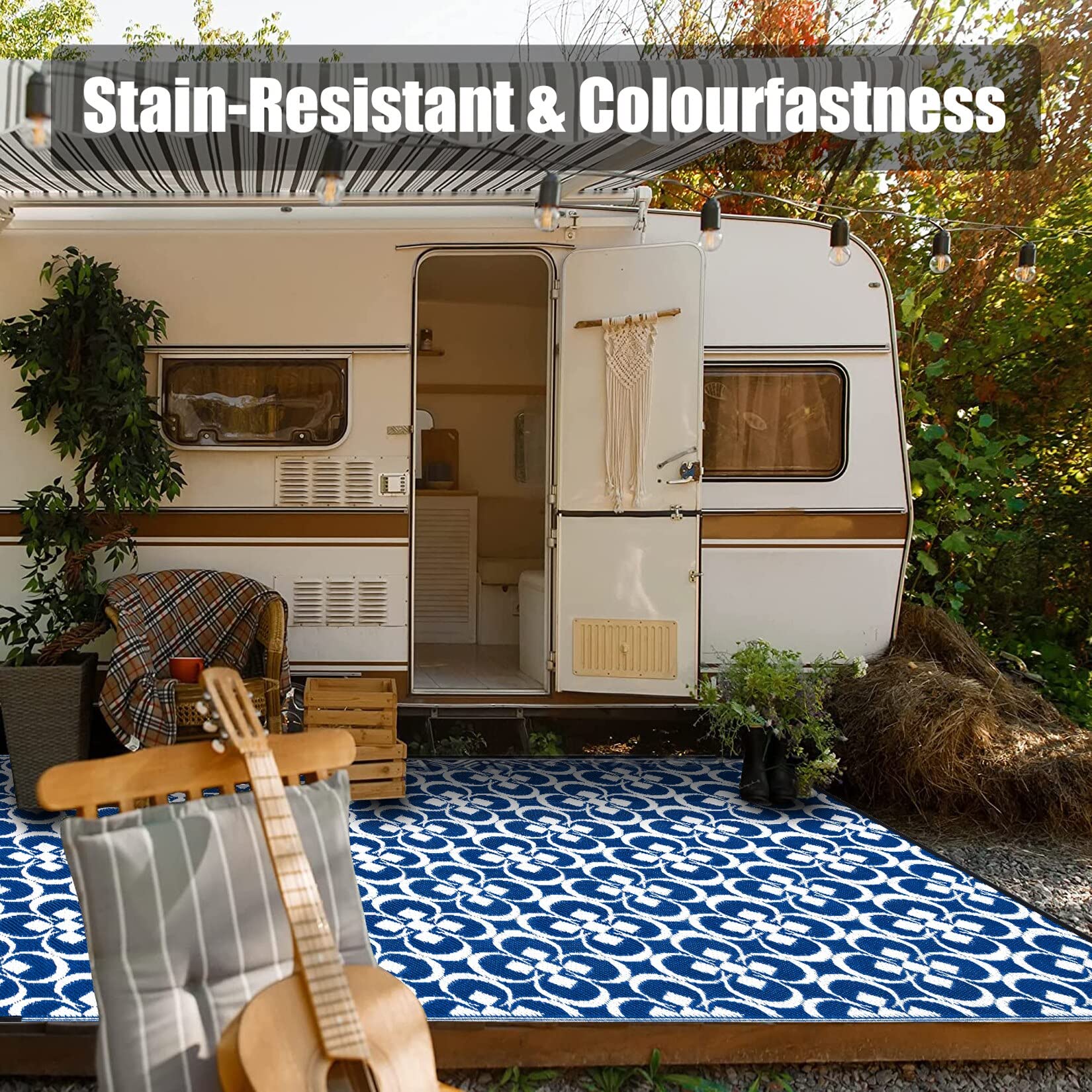 HUGEAR Outdoor Patio Rug 3'x5' Waterproof Outside Area Rugs Blue Reversible Plastic Straw Carpet for RV Deck Camping Entryance Porch Picnic Balcony Beach