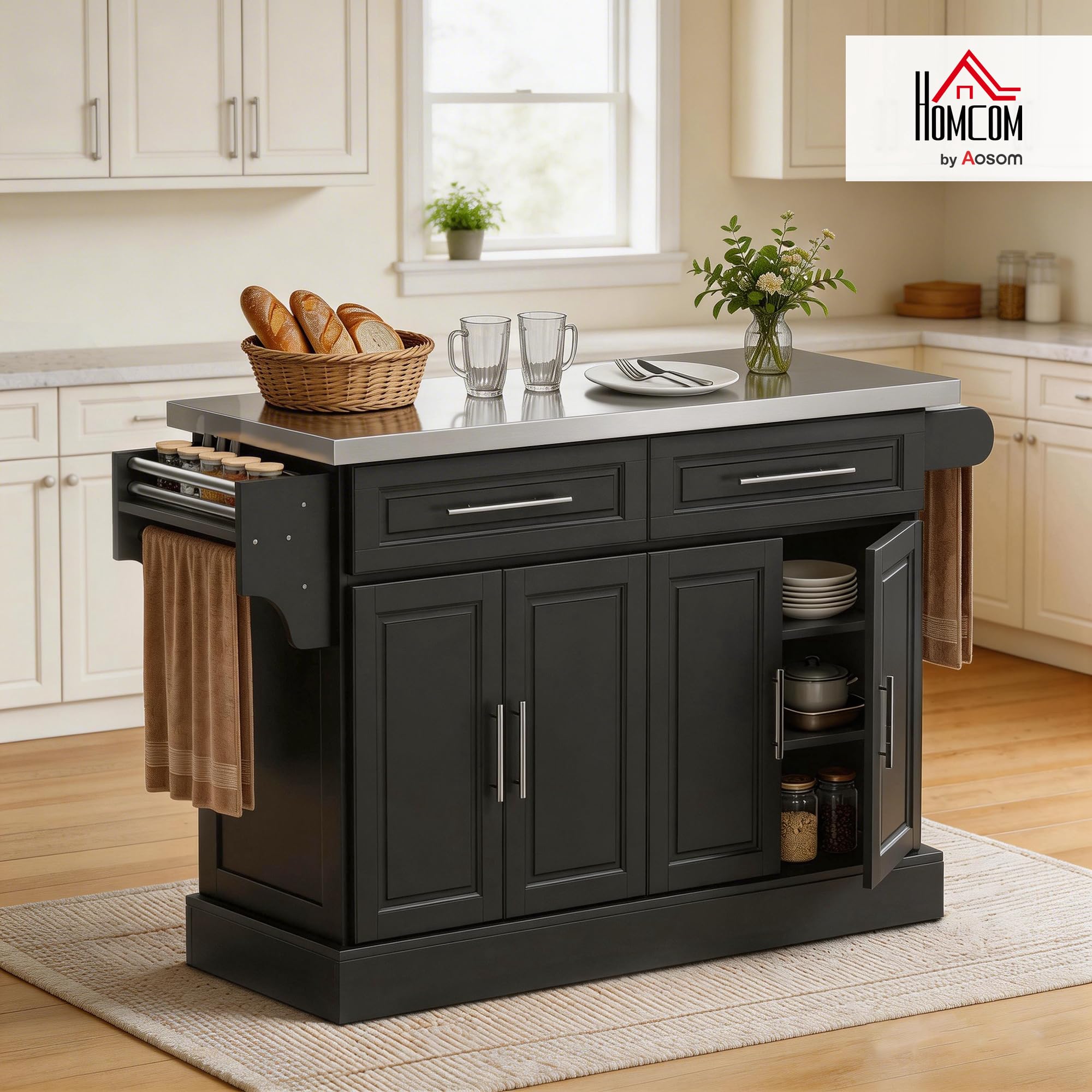HOMCOM Rolling Kitchen Island Cart with 47" Stainless Steel Top, Portable Island Table for Kitchen with Wheels, Adjustable Shelves, 2 Drawers, Spice, Knife and Towel Rack, Black