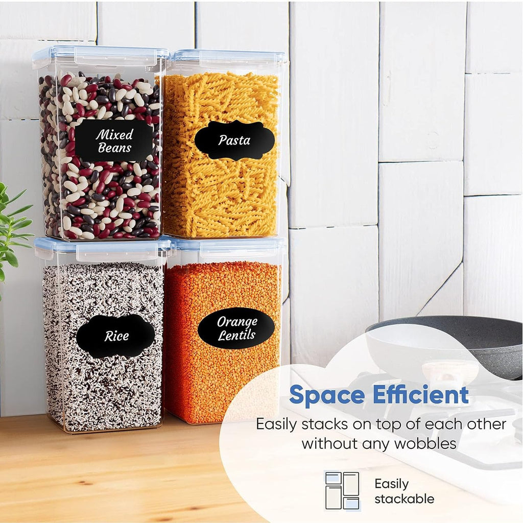 Chef's Path Kitchen Storage Box Set of 4 Extra Large Airtight Food Storage Jars for Sugar Flour Cereal Rice - Measuring Spoons, Pen and Food Preservation Labels (5.2 L)