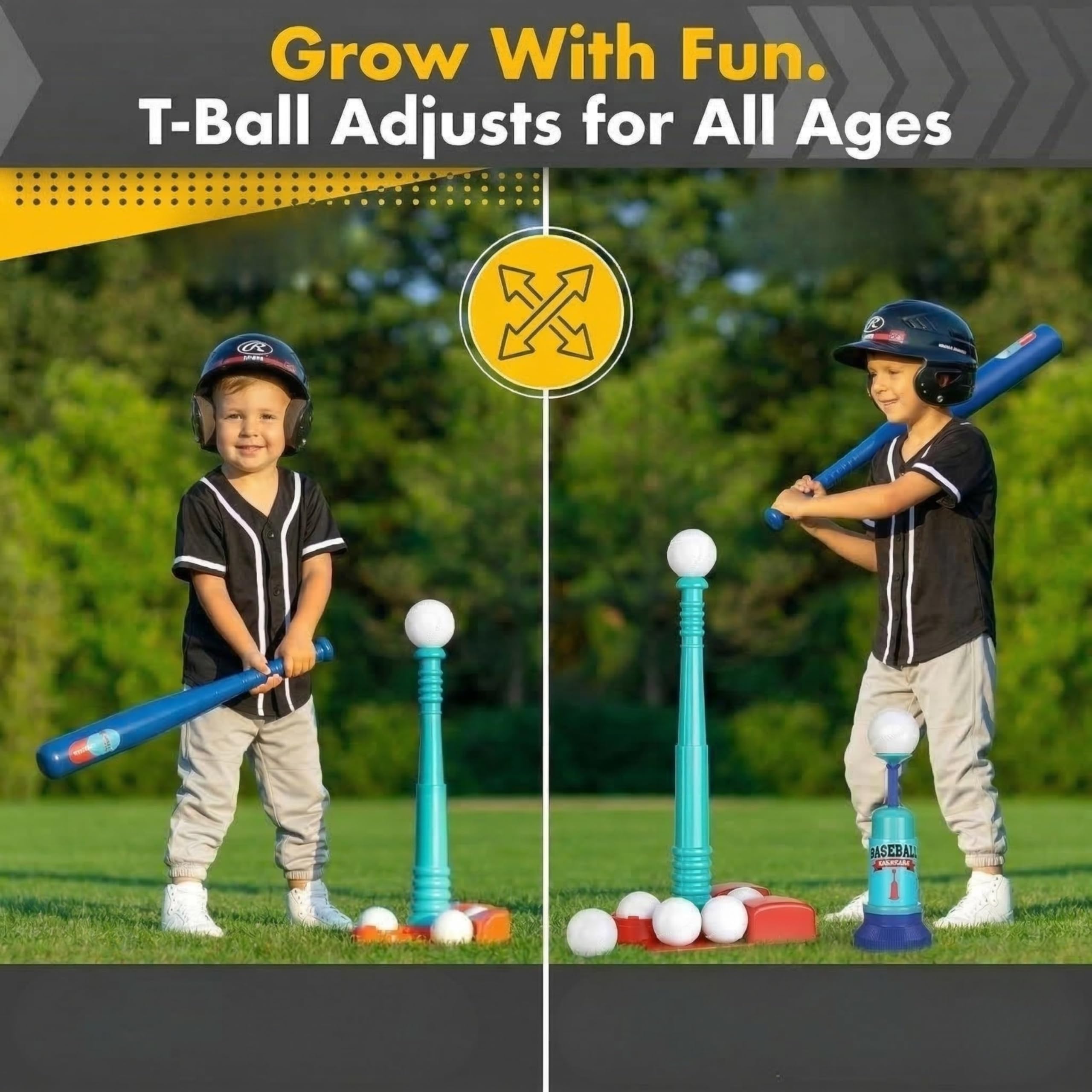 T Ball Stand for Kids and Toddlers 1-3, 3-5, 5-8. Baseball Set Includes 6 Large Balls, an Adjustable Tball Batting Tee, and a Pitching Machine. Kids Bat and Ball, T-Ball Sets for Kids