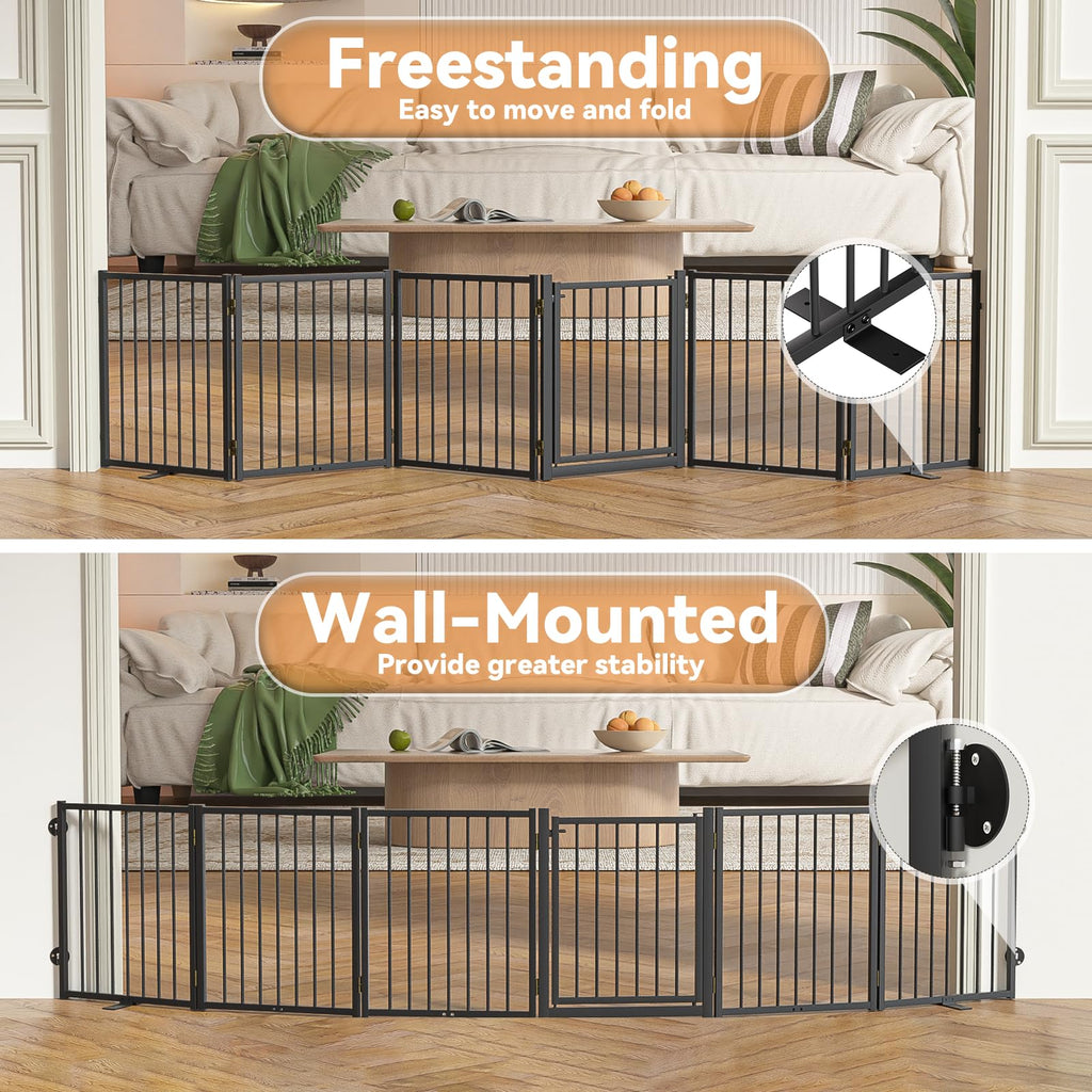 SNUOWU Full Metal Freestanding Dog Gate with Door, 24'' Height Foldable Pet Dog Fence for Indoor & Outdoor, 2 Panels Extra Wide Free Standing SmallDog Gates for Doorways,House,Stairs,Porch,Deck,Yard