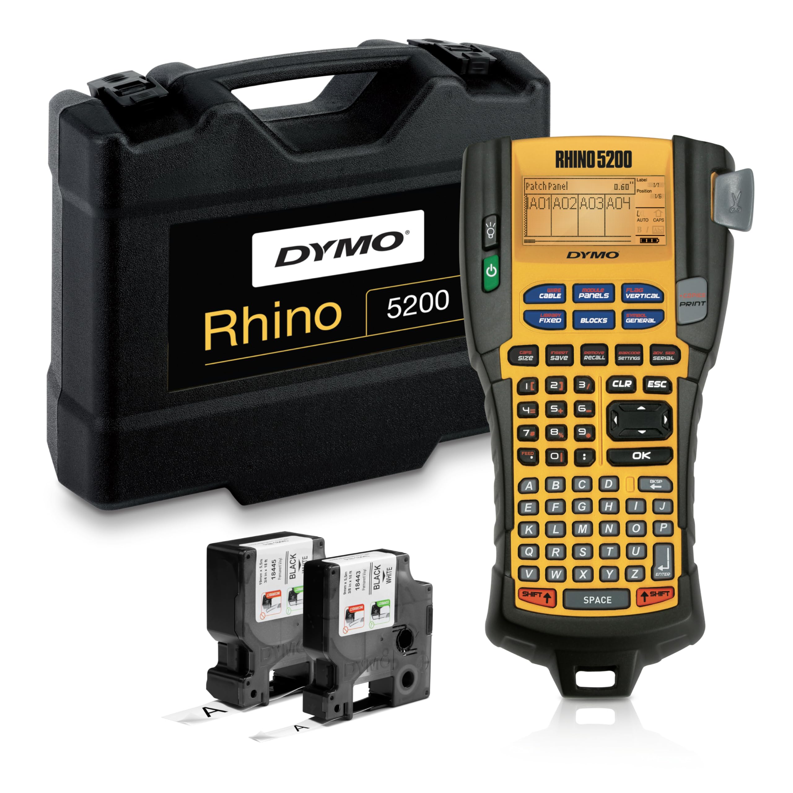 DYMO Industrial Label Maker & Carry-Case RhinoPRO 5200 Label Maker, for Job Sites and Heavy-Duty Labeling Jobs, Prints Fast, Includes 2 Rolls of DYMO Industrial Vinyl Labels