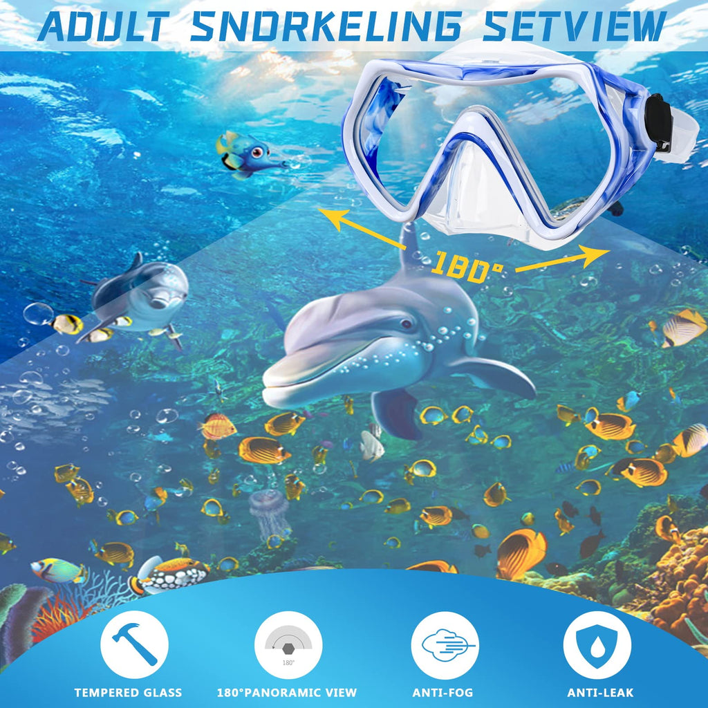 Snorkeling Gear for Adults, Dry Snorkel Mask Set, Scuba Diving Snorkle mask Set Adult, Panoramic Wide View Anti-Fog Dive mask, Swimming Diving Snorkeling Packages
