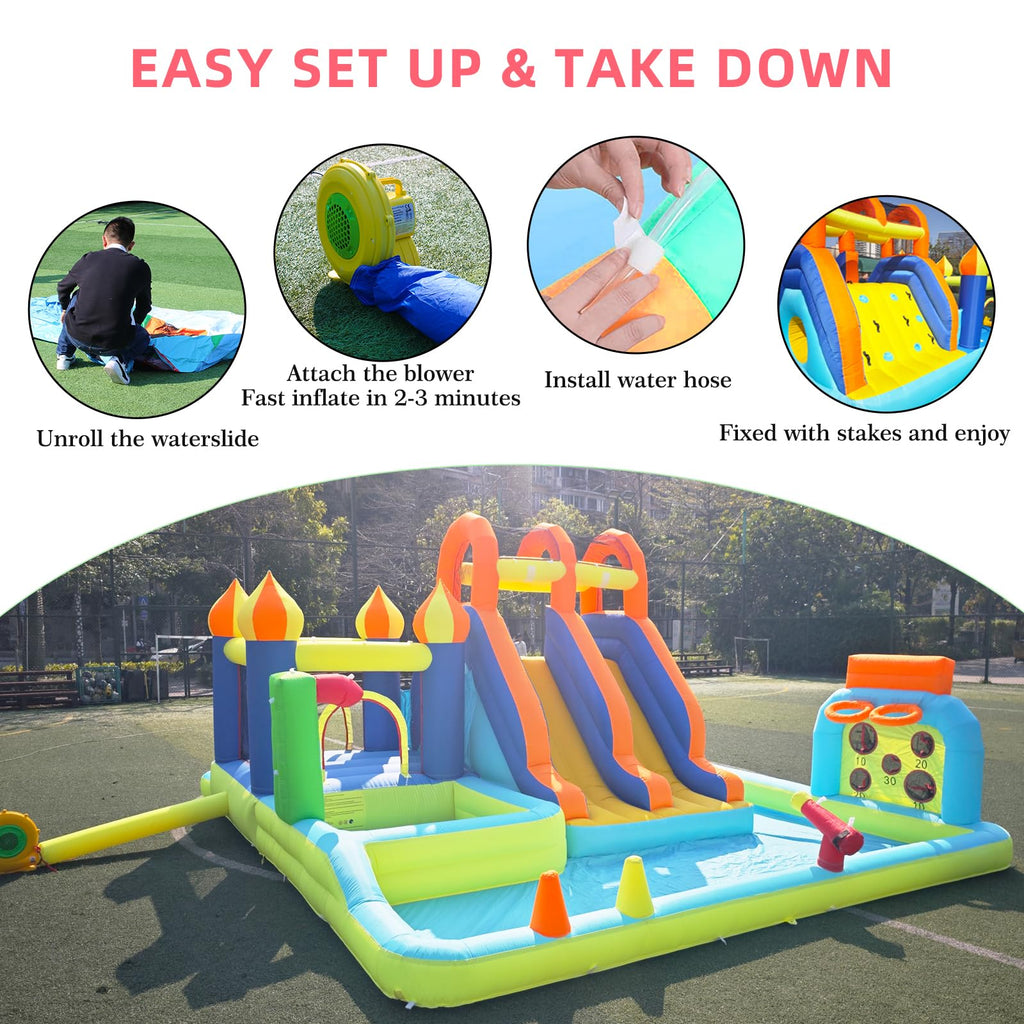 Blow Up Water Slides Two Long Slides Jumping Bouncy Castle for Kids Outdoor Inflatable Bounce House with 680W Blower for Kids Backyard