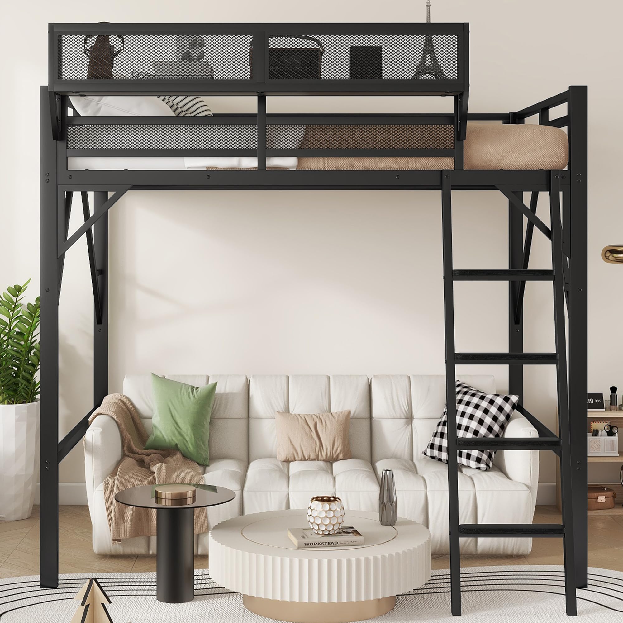 Mirightone Full Size Loft Bed with Stairs, Metal Loft Beds, High Loft Bed Frame with Storage Shelves, Lofted Full Bed with Wardrobe for Kids and Teens, No Box Spring Needed (Black)