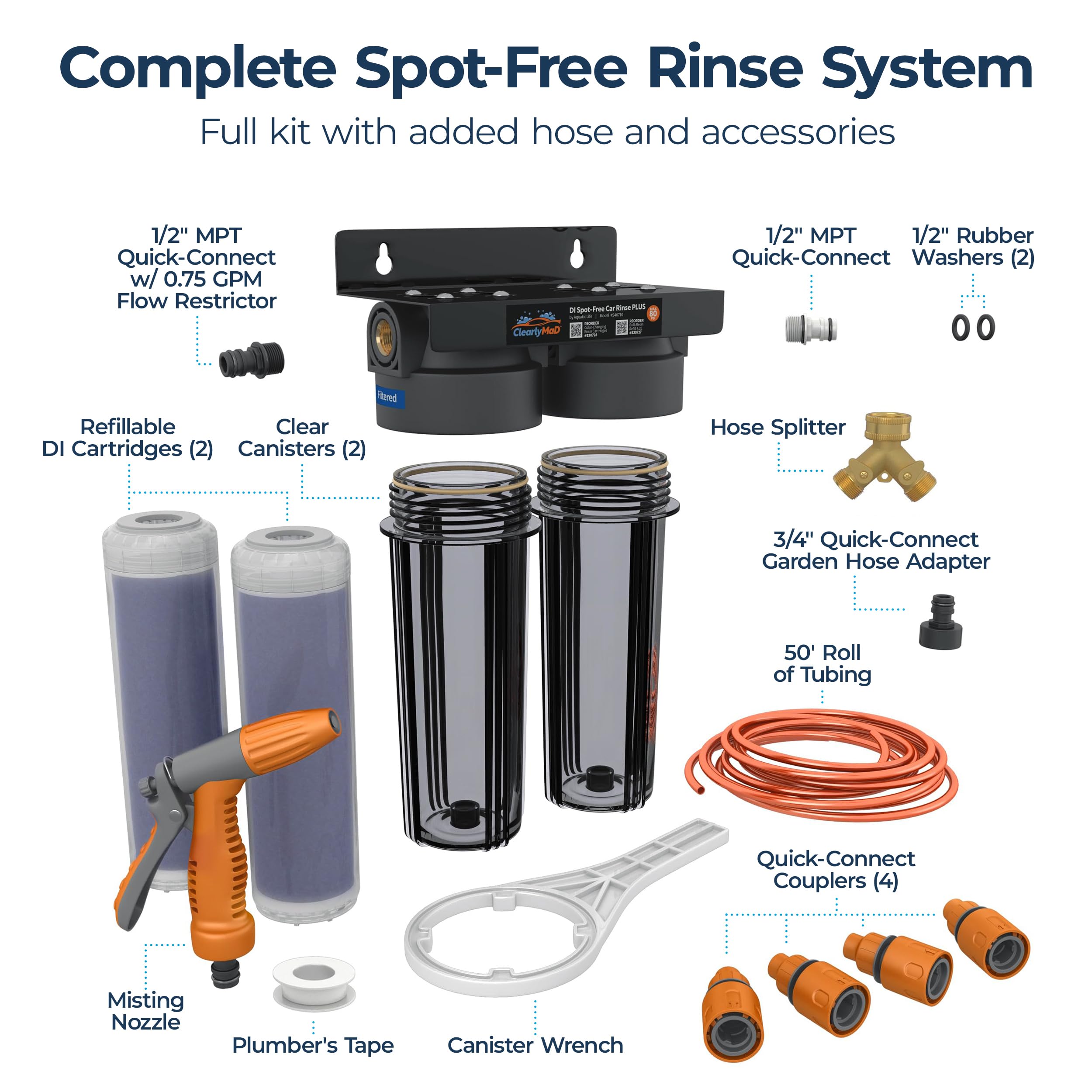 DI Spot-Free Car Wash Rinse Plus, Deionized System for Spotless Washing Dual Resin Filters, Complete Kit with Hose, Nozzle and Quick Connects, Prevent Water Spots on RVs and Windows
