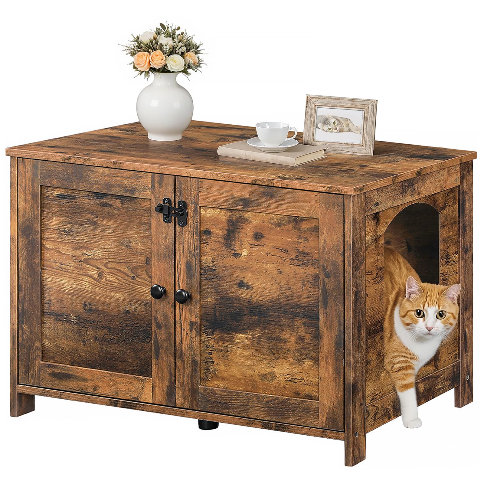 HOOBRO Litter Box Enclosure, Cat Litter Box Furniture with Removable Divider, Large Hidden Litter Box Furniture, Wooden Cat House, End Side Table, 31" L x 17.5" W x 19.7" H, Greige BG03MW01G2
