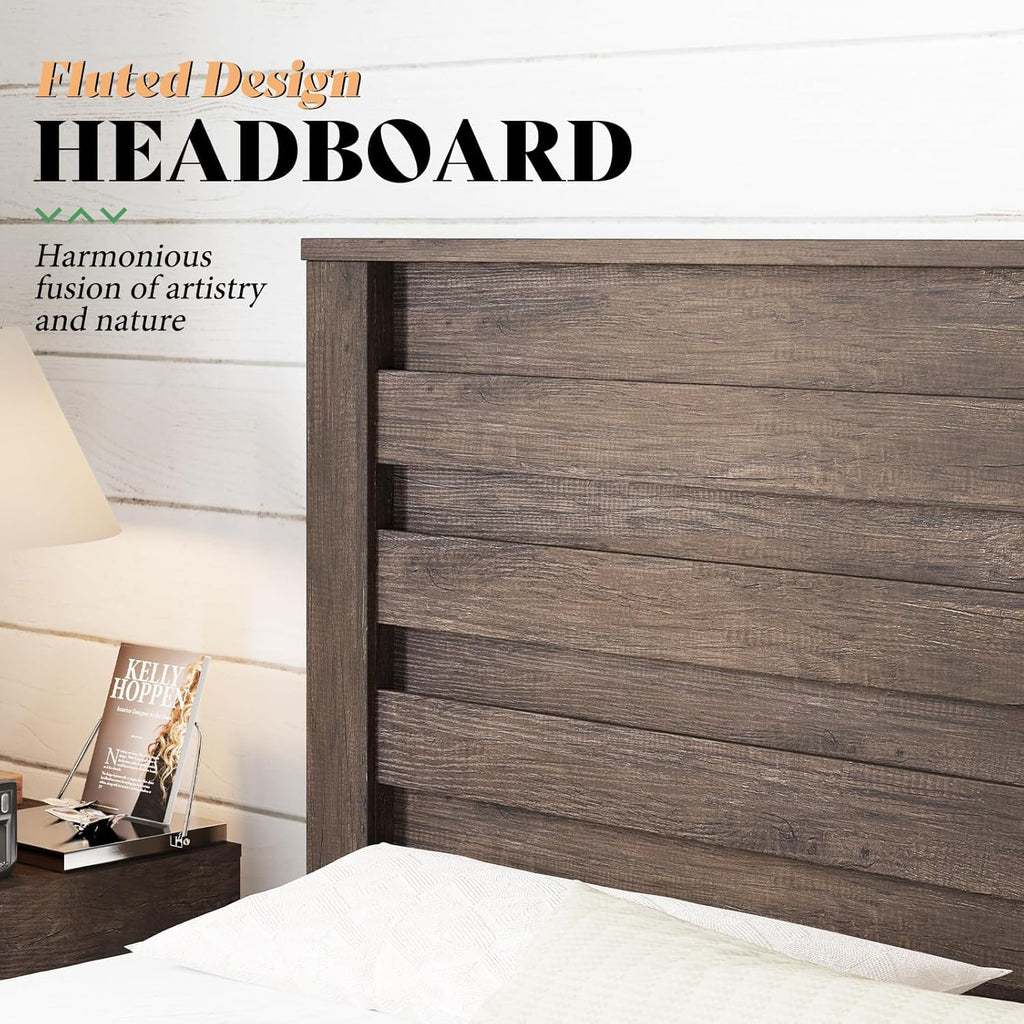 AMERLIFE Farmhouse Full Size Bed Frame with 49" Fluted Headboard, Wood Platform Bed with Natural Grain, No Box Spring Needed/Noise Free, Black