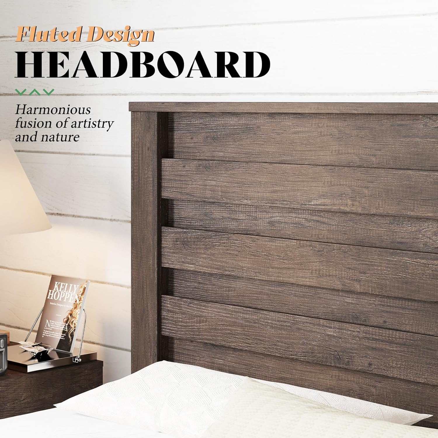AMERLIFE Farmhouse Full Size Bed Frame with 49" Fluted Headboard, Wood Platform Bed with Natural Grain, No Box Spring Needed/Noise Free, Black