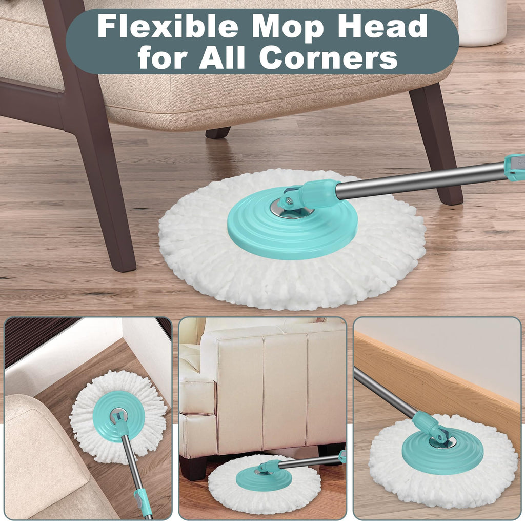 Dual Compartment Spin Mop and Bucket, Mop and Bucket with Wringer Set,360°Rotating Spinning Mopping for Floor Cleaning with 6 Microfiber Replacement Heads, 61" Extended Handle, 2X Wheel - Deep Green