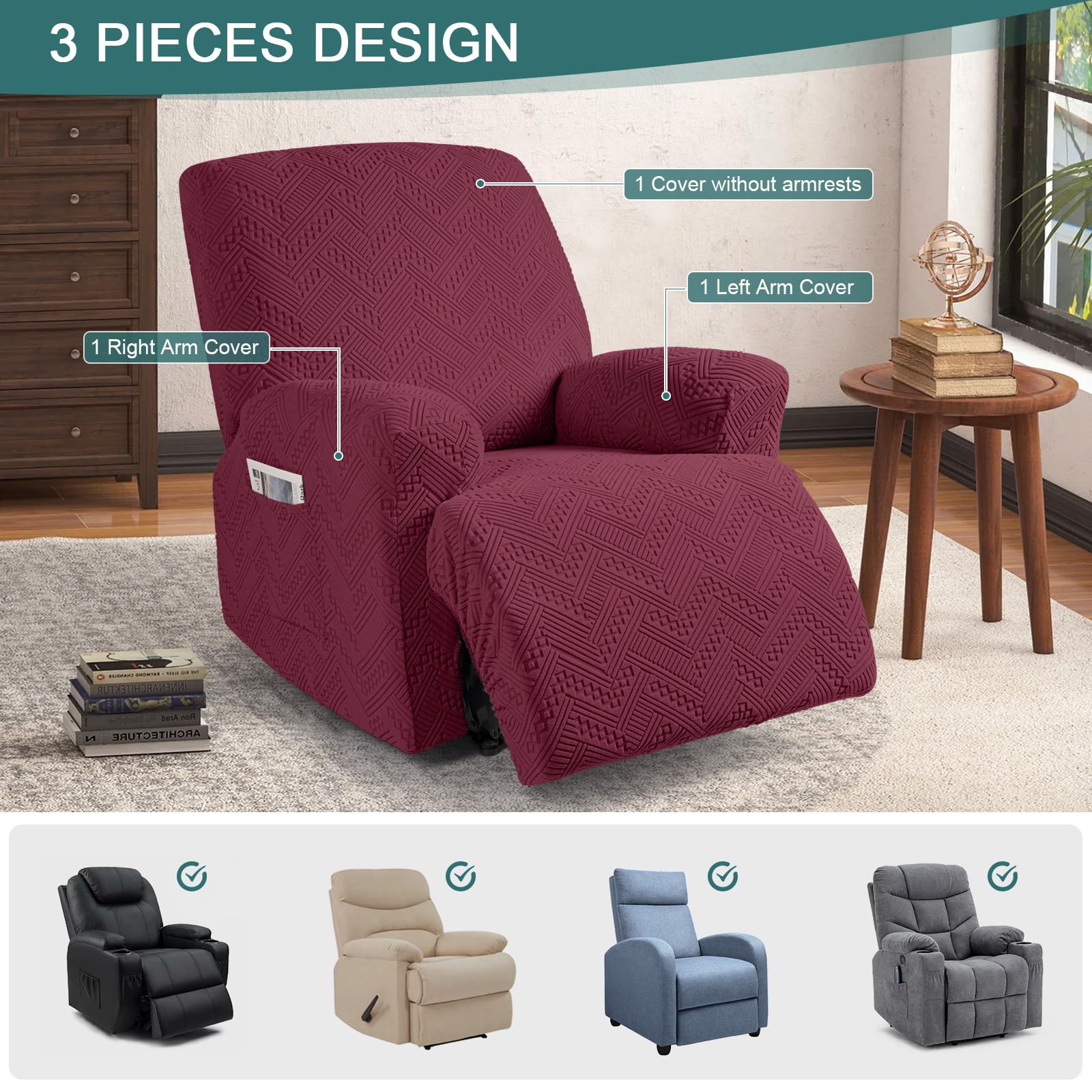 Ruaozz Recliner Chair Covers 3-Pieces Lazy Boy Recliner Slipcovers Stretch Reclining Chair Slipcover Washable Furniture Protector with Elastic Bottom (1 Seater, Army Green)